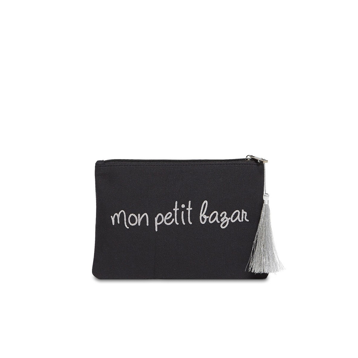 Pochette à message "MON PETIT BAZAR" Noire et Argenté - 21,5 x 15,5 x 1 cm Grande pochette à message "MON PETIT BAZAR" Noire et Argenté