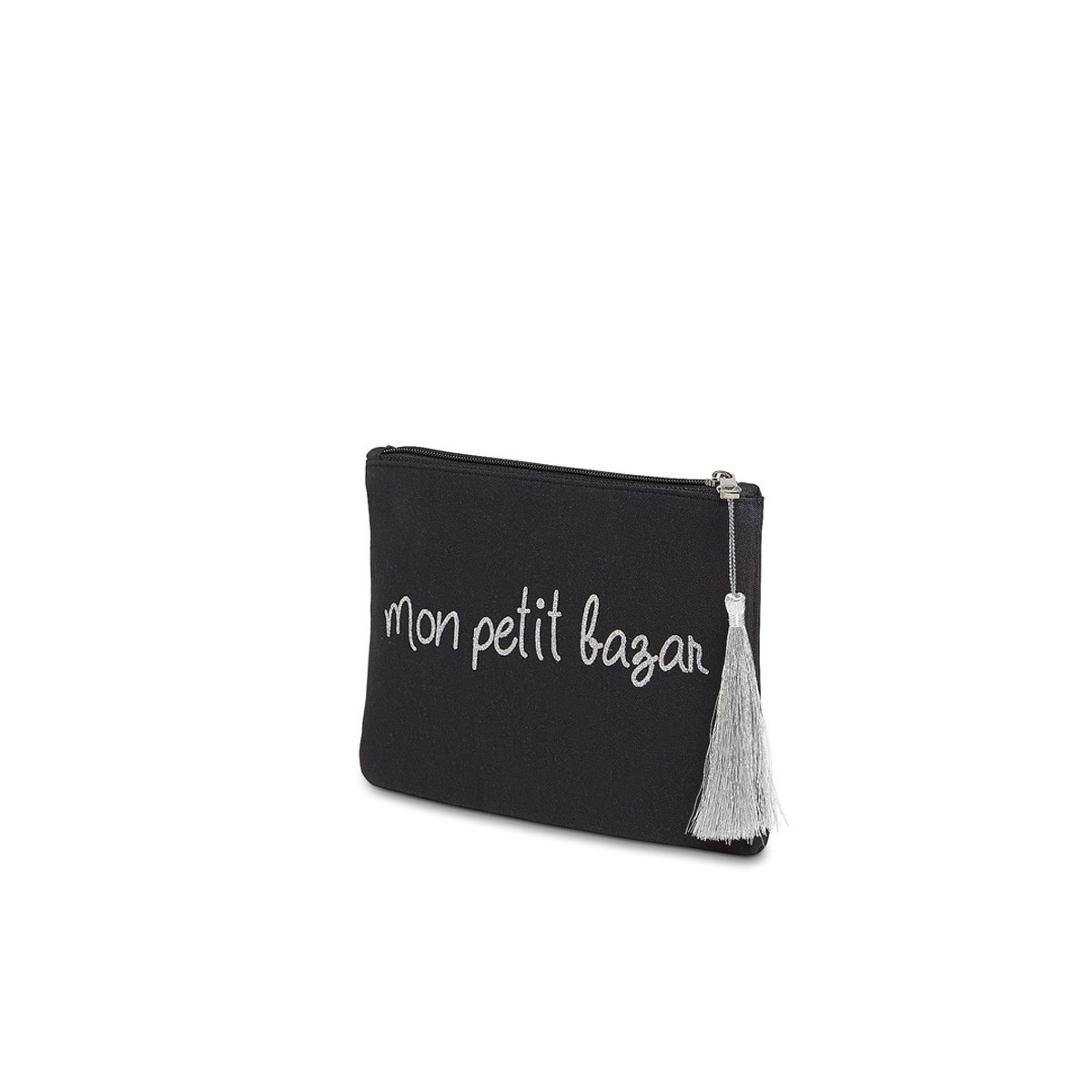 Grande pochette à message "MON PETIT BAZAR" Noire et Argenté