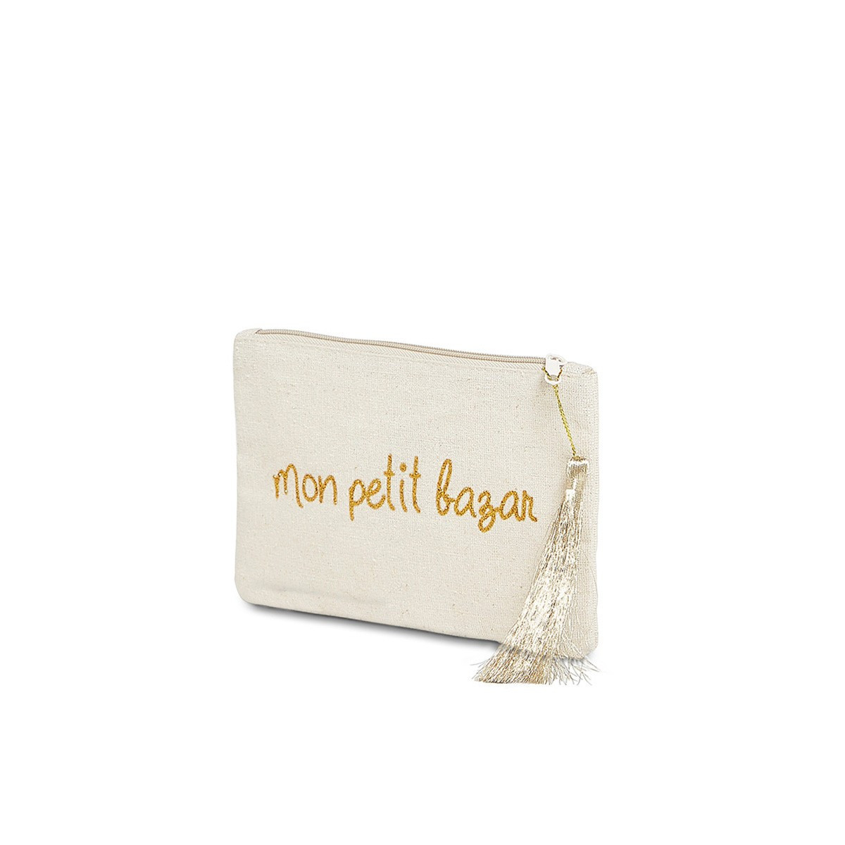 Petite pochette à message "MON PETIT BAZAR" Beige et Doré
