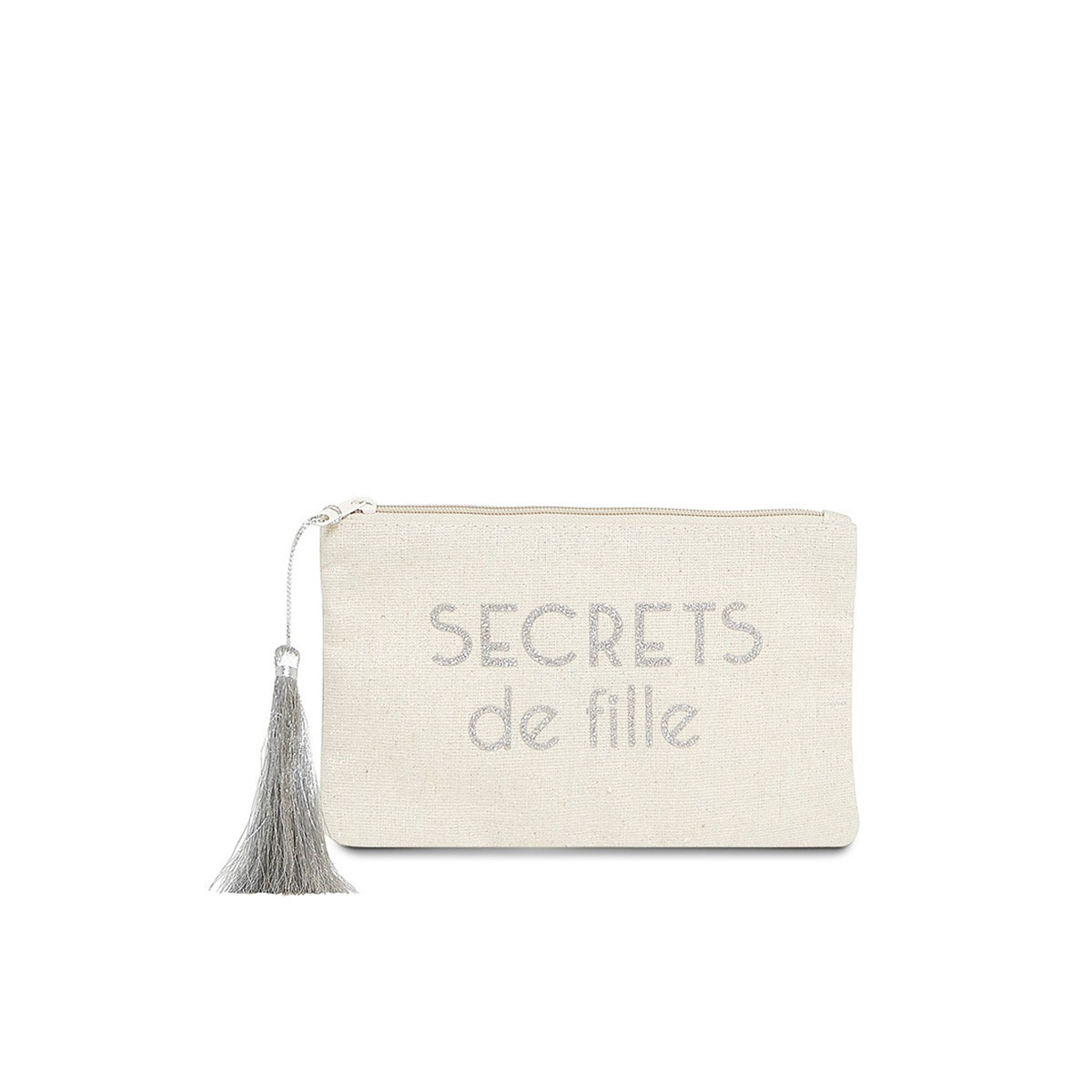 Pochette à message "SECRETS DE FILLES" Beige et Argenté - 17,5 x 11,5 x 1 cm Petite pochette à message "SECRETS DE FILLES" Beige et Argenté