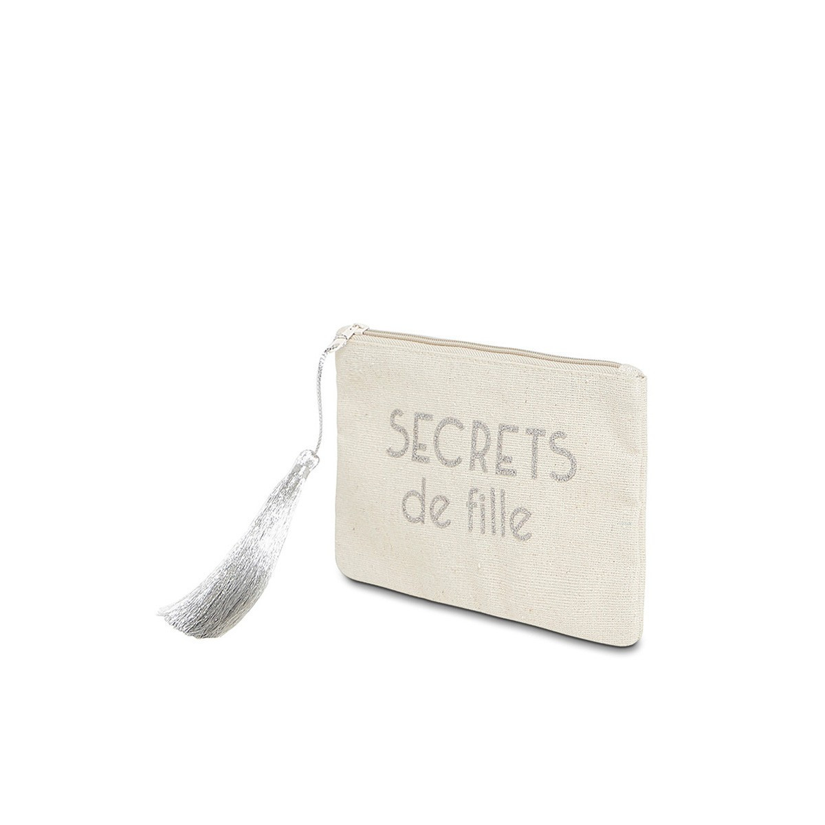Petite pochette à message "SECRETS DE FILLES" Beige et Argenté