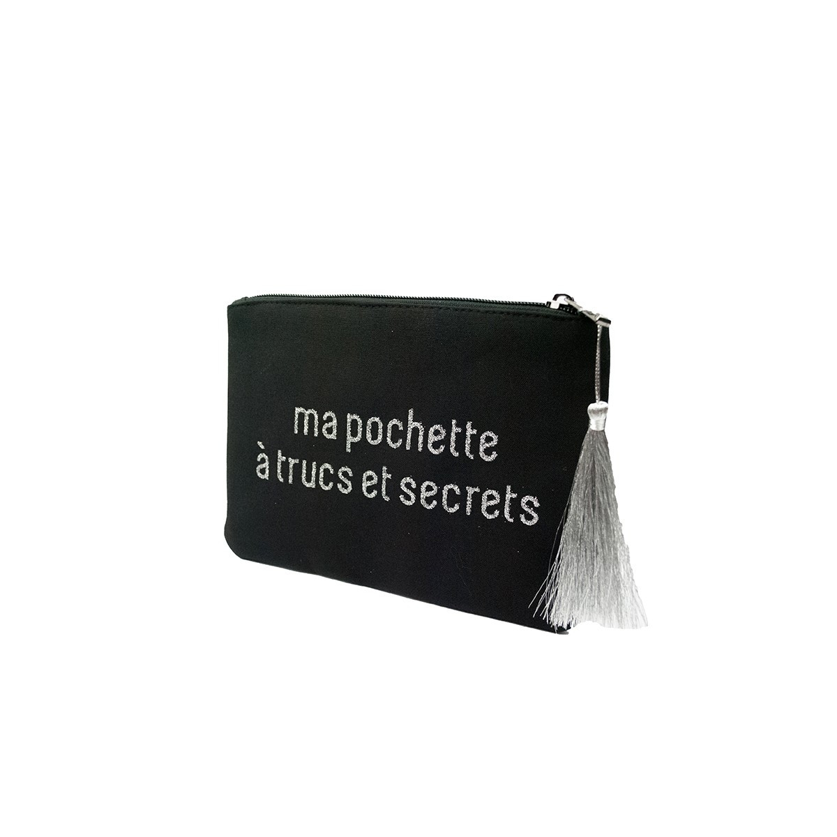 Grande pochette à message "MA POCHETTE À TRUCS ET SECRETS" Noire/Argenté