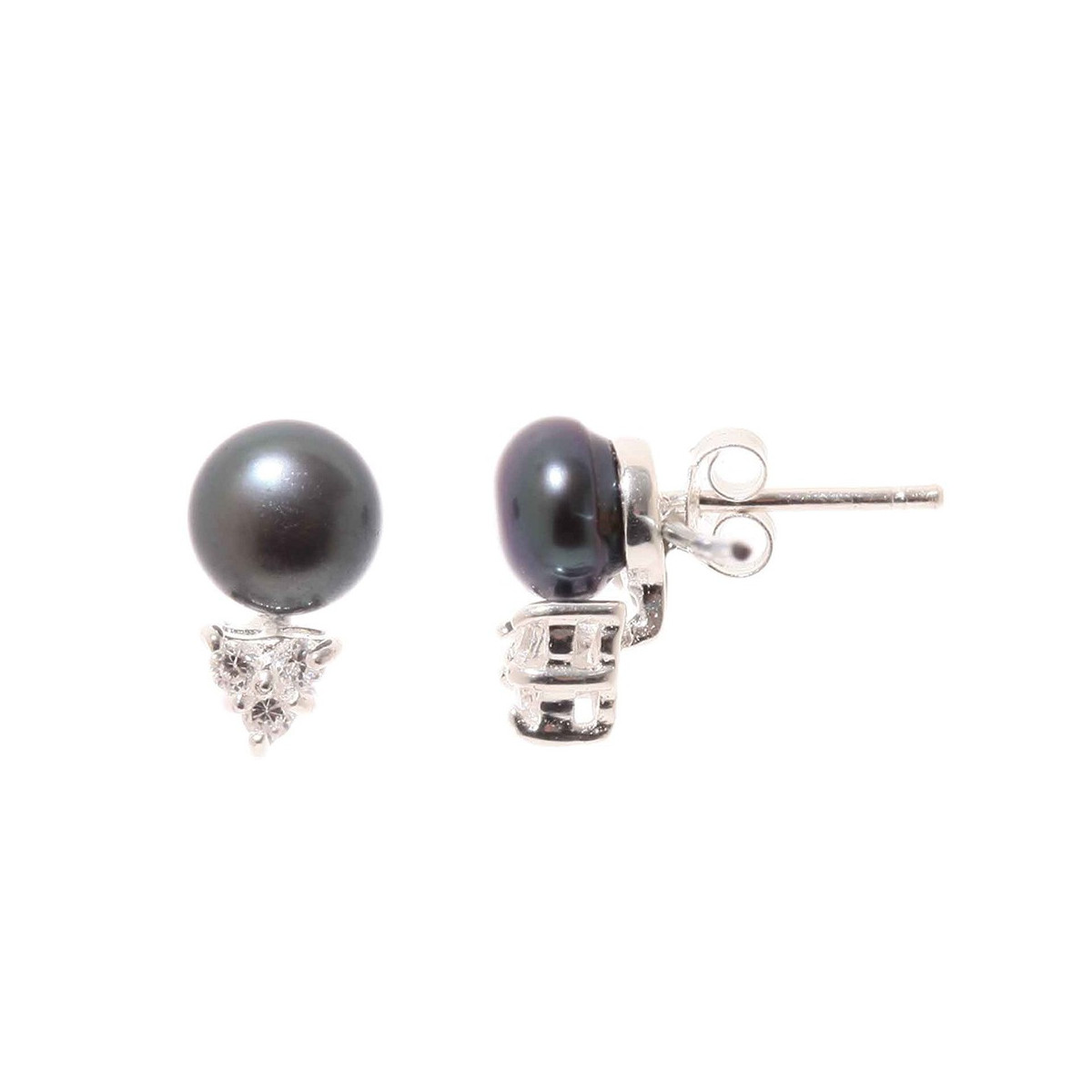 Boucles d'oreilles argent et perles de cultures noires et oxydes de zirconium "Trio"