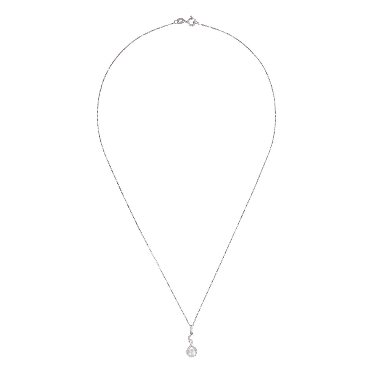 Pendentif Or Blanc, perle de culture blanche et oxydes de zirconium "Voilé" + chaîne argent offerte
