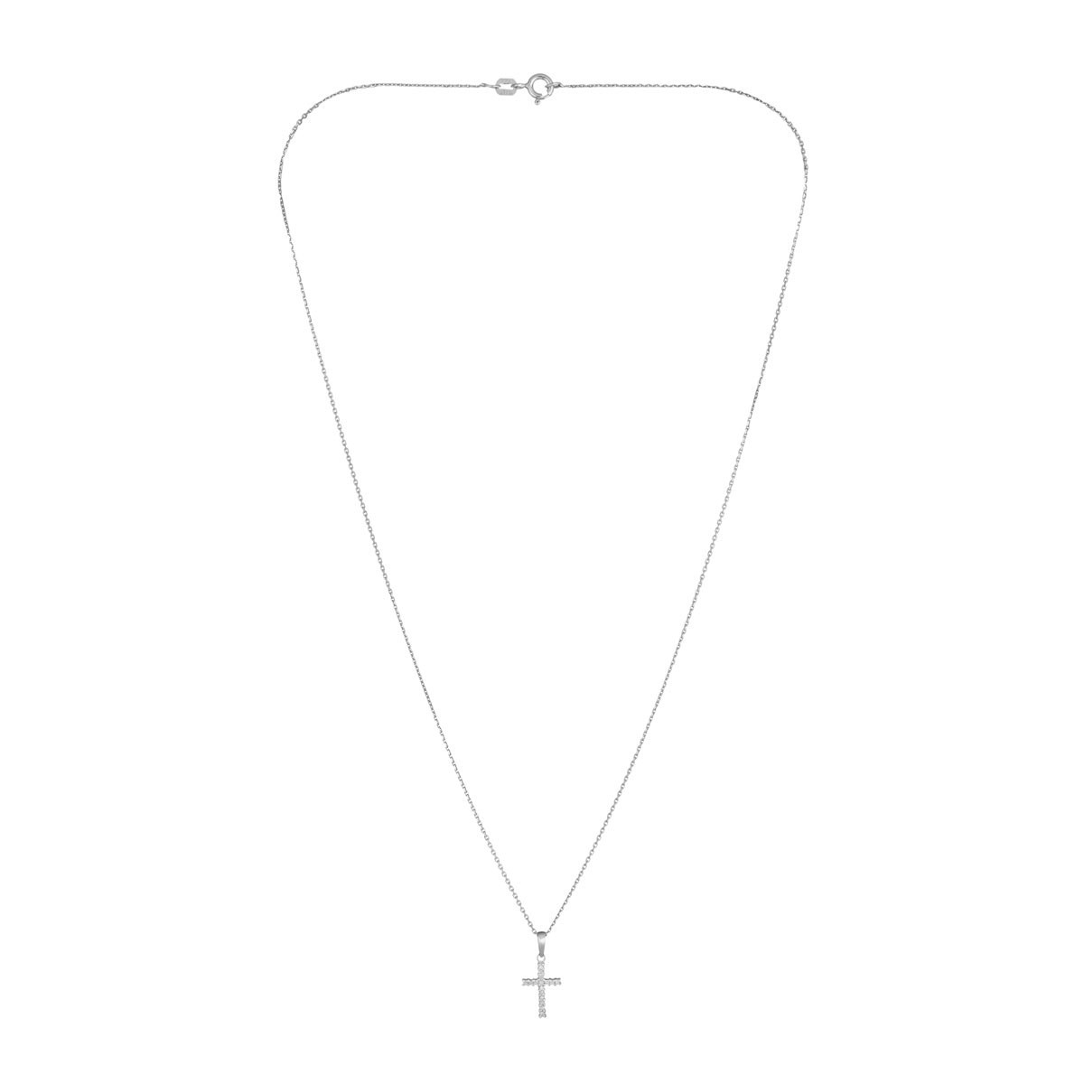 Pendentif Or Blanc et Diamants 0,06 carat "CROIX DU BONHEUR" + chaîne argent offerte
