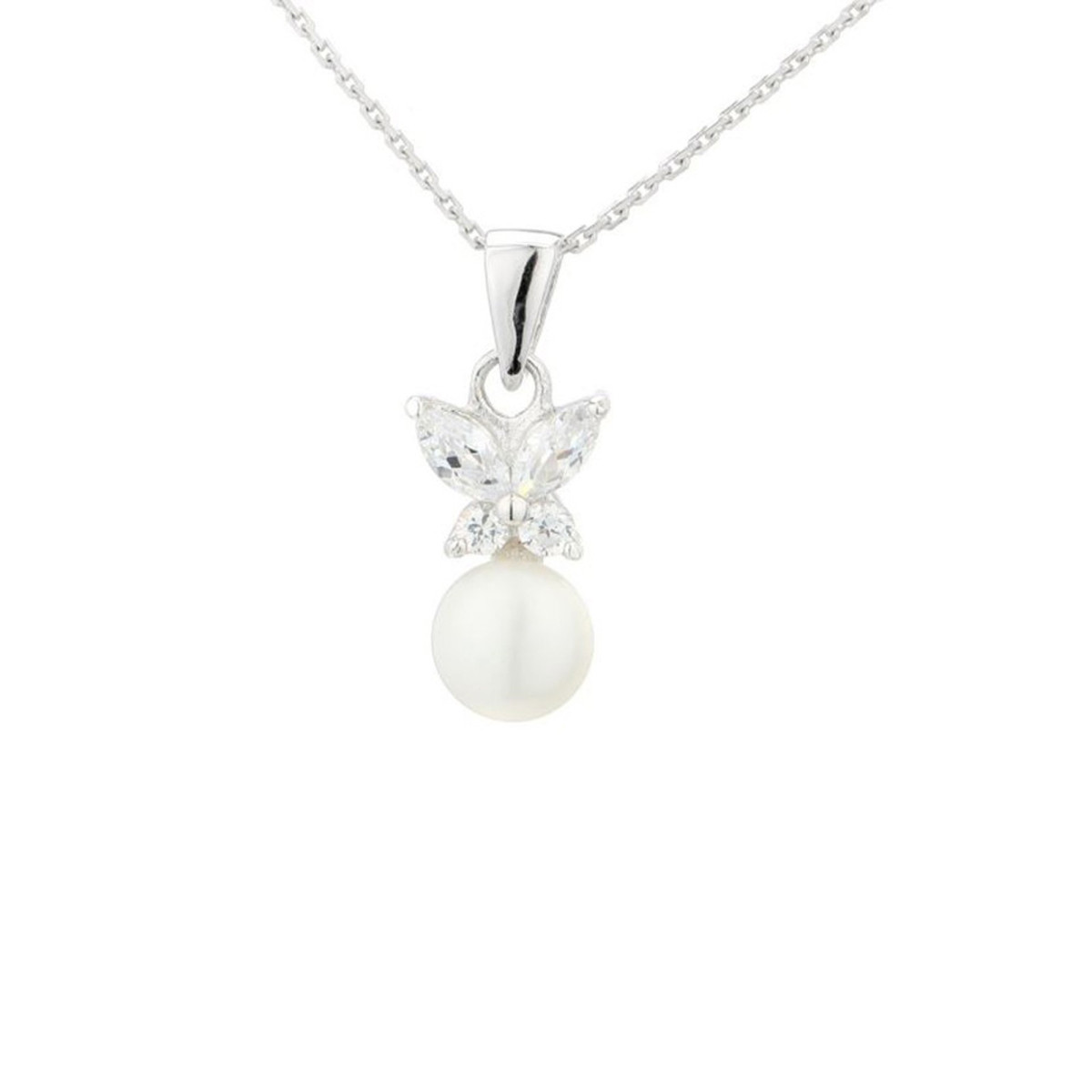 Pendentif + Chaîne papillons pearls en perles de culture blanche et argent 925 Pendentif argent, perle de culture blanche et oxydes de zirconium "Papillons pearls" + chaîne argent offerte