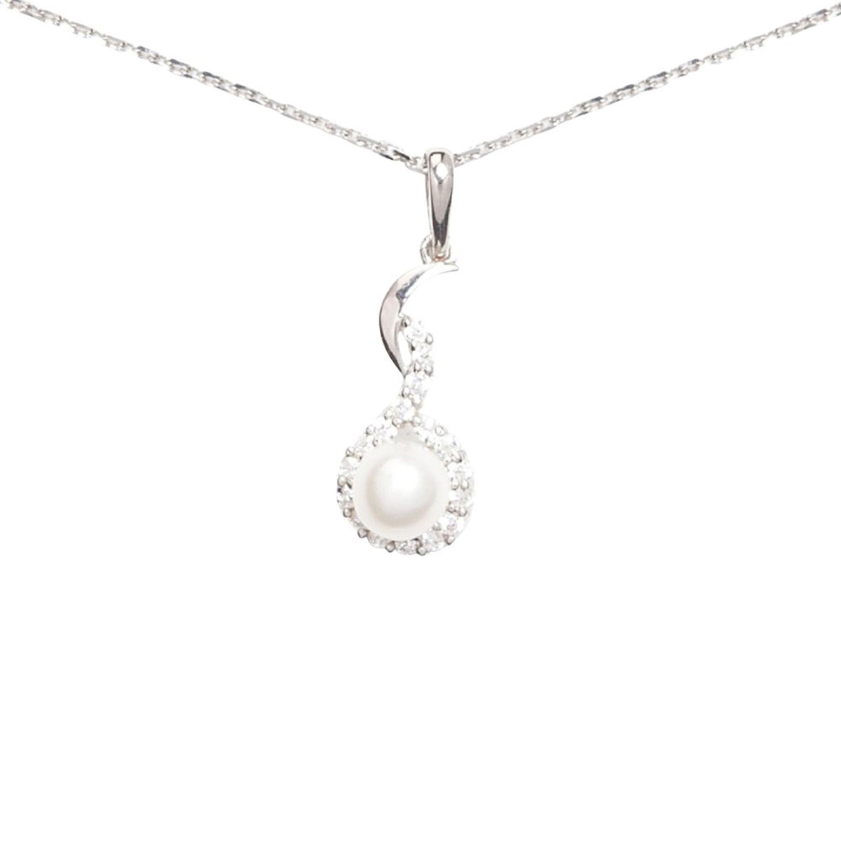 Pendentif Or Blanc, perle de culture blanche et oxydes de zirconium "Voilé" + chaîne argent offerte