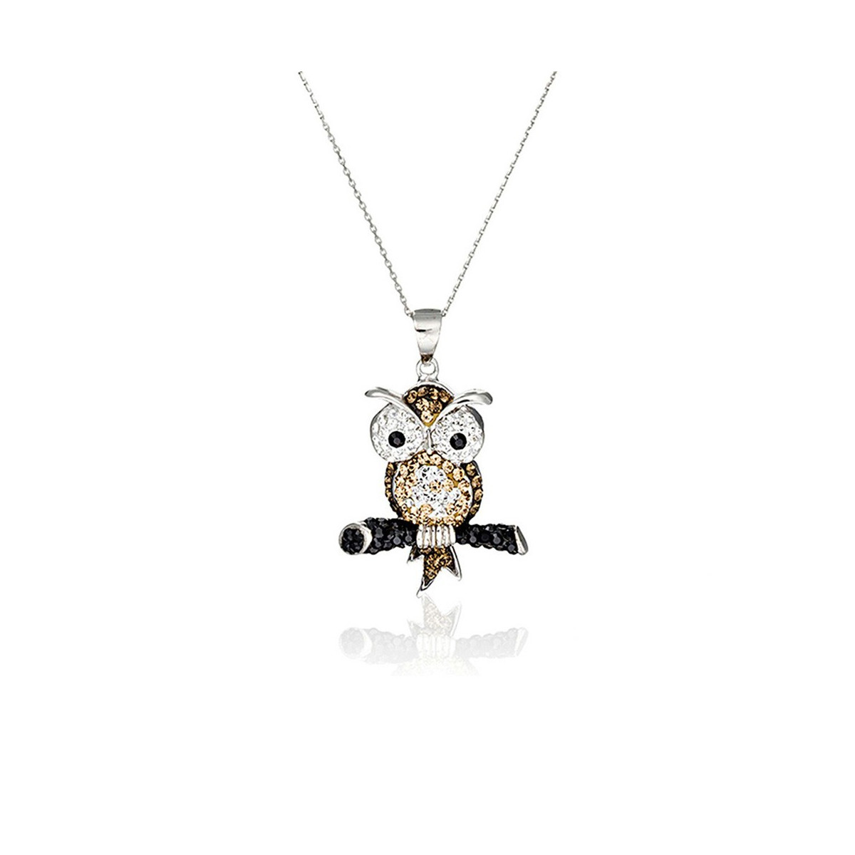 Pendentif laiton Argenté orné de cristaux Marron "Mon hibou mordore" + chaîne argent offerte