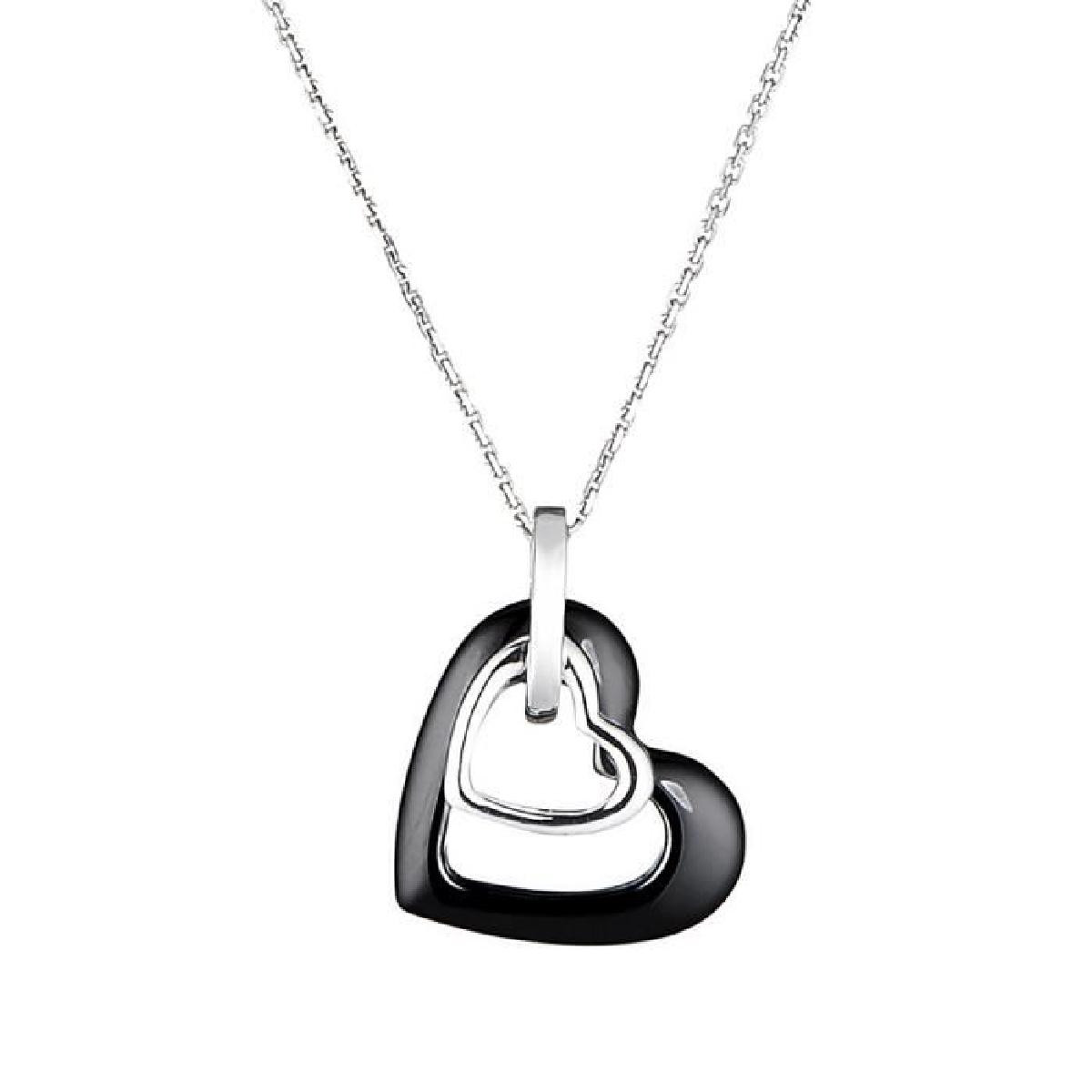 Parure Céramique "Double Coeur" Collier + Boucles d'oreilles Parure céramique noire, argent "DOUBLE COEURS"