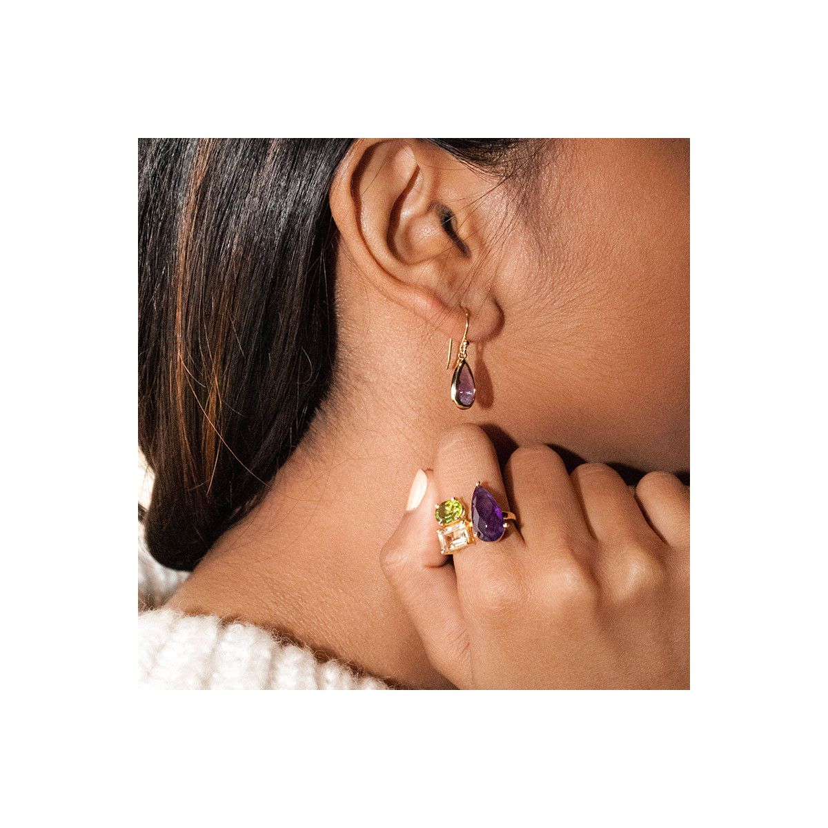 Bague laiton doré montée d' améthystes multicolores " Lola " Bague "Equinoxial" Améthyste Laiton doré