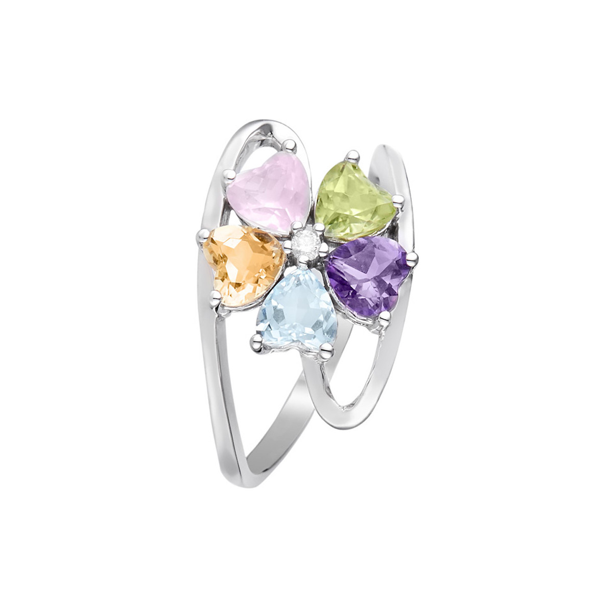 Bague Or Blanc et Diamants 0,02 carats et Améthyste,Topaze Rose, Tourmaline ,Citrine et Peridot 1,51 carats "Color Explosion" Bague " Eglantine" Or blanc et Multipierres