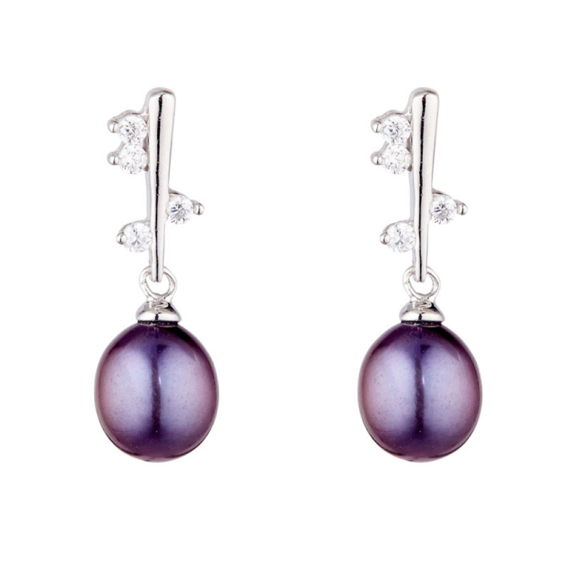 Boucles d'oreilles argent, oxydes de zirconium et Perle de culture Noire "Cherry" Boucles d'oreilles argent, oxydes de zirconium et Perle de culture Noire "Cherry"