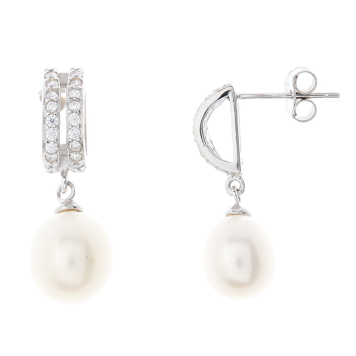 Boucles d'oreilles argent, oxydes de zirconium et Perles de culture Blanches "Harmonie"