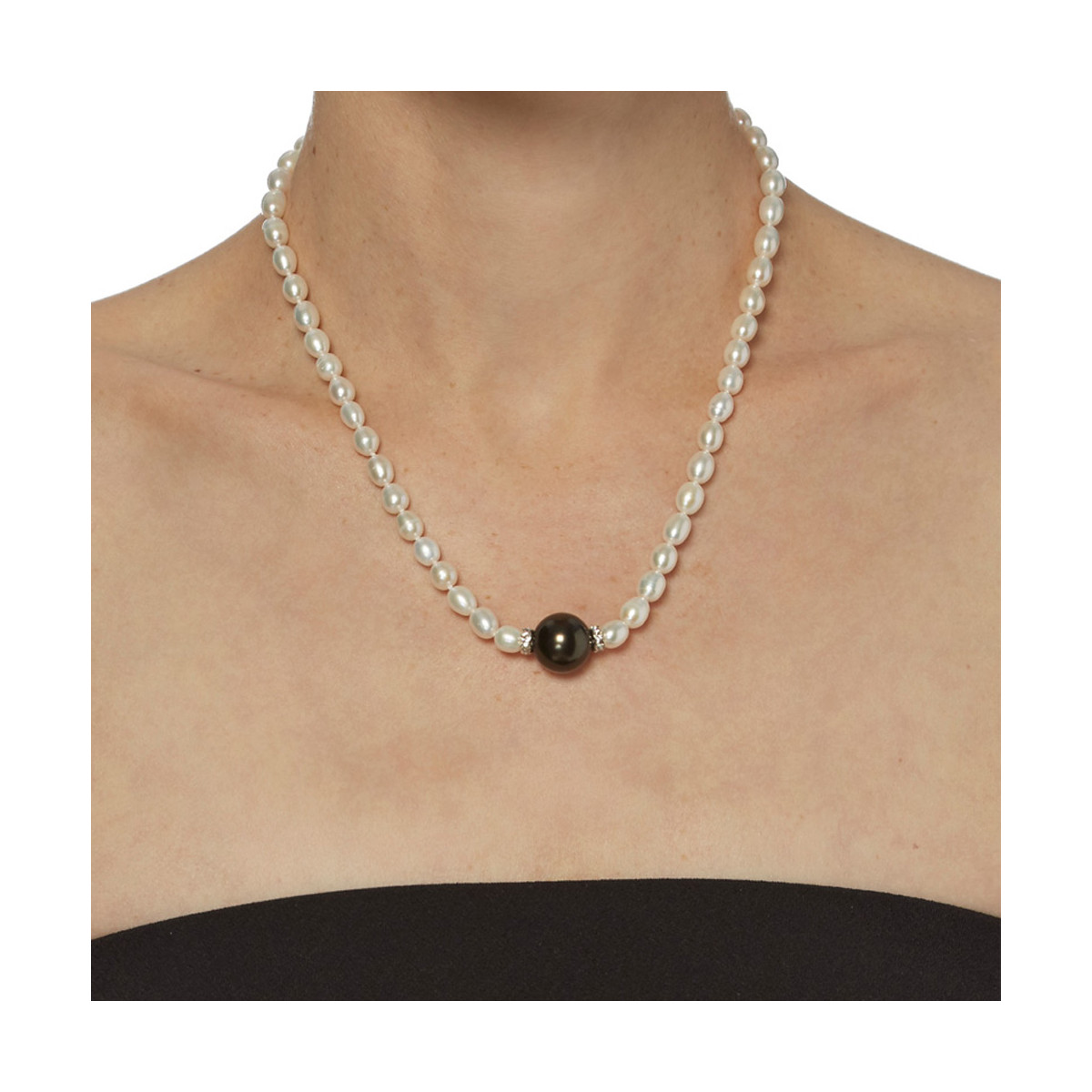 Collier argent, oxydes de zirconium et Perles de culture Blanches et Noires "Jolie Nacre " Collier argent, oxydes de zirconium et Perles de culture Blanches et Noires "Jolie Nacre "