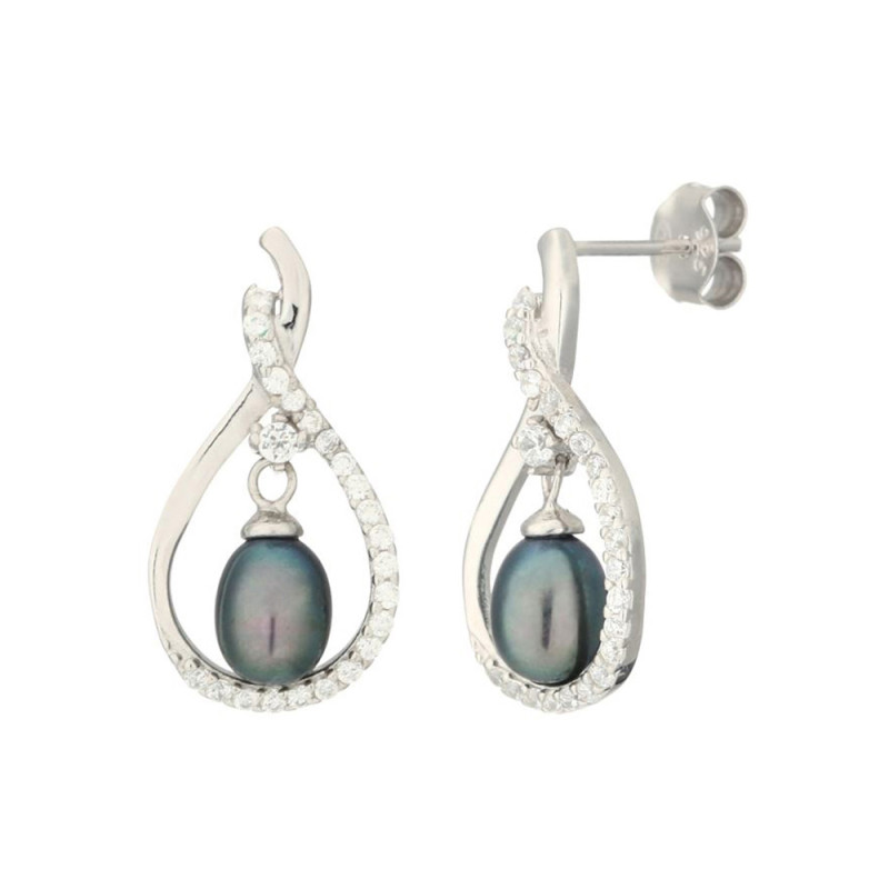 Boucles d'oreilles argent, oxydes de zirconium et Perles de culture Noires "Ajourée de Perle" Boucles d'oreilles argent, oxydes de zirconium et Perles de culture Noires "Ajourée de Perle"