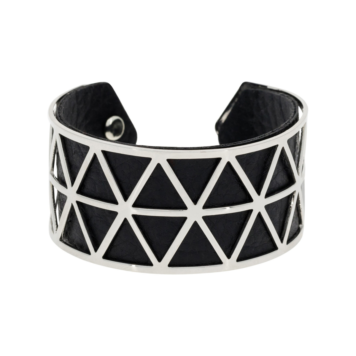 Manchette Noire Stockholm finition argentée et simili cuir noir Bracelet Manchette CADENCIA noir finition argentée