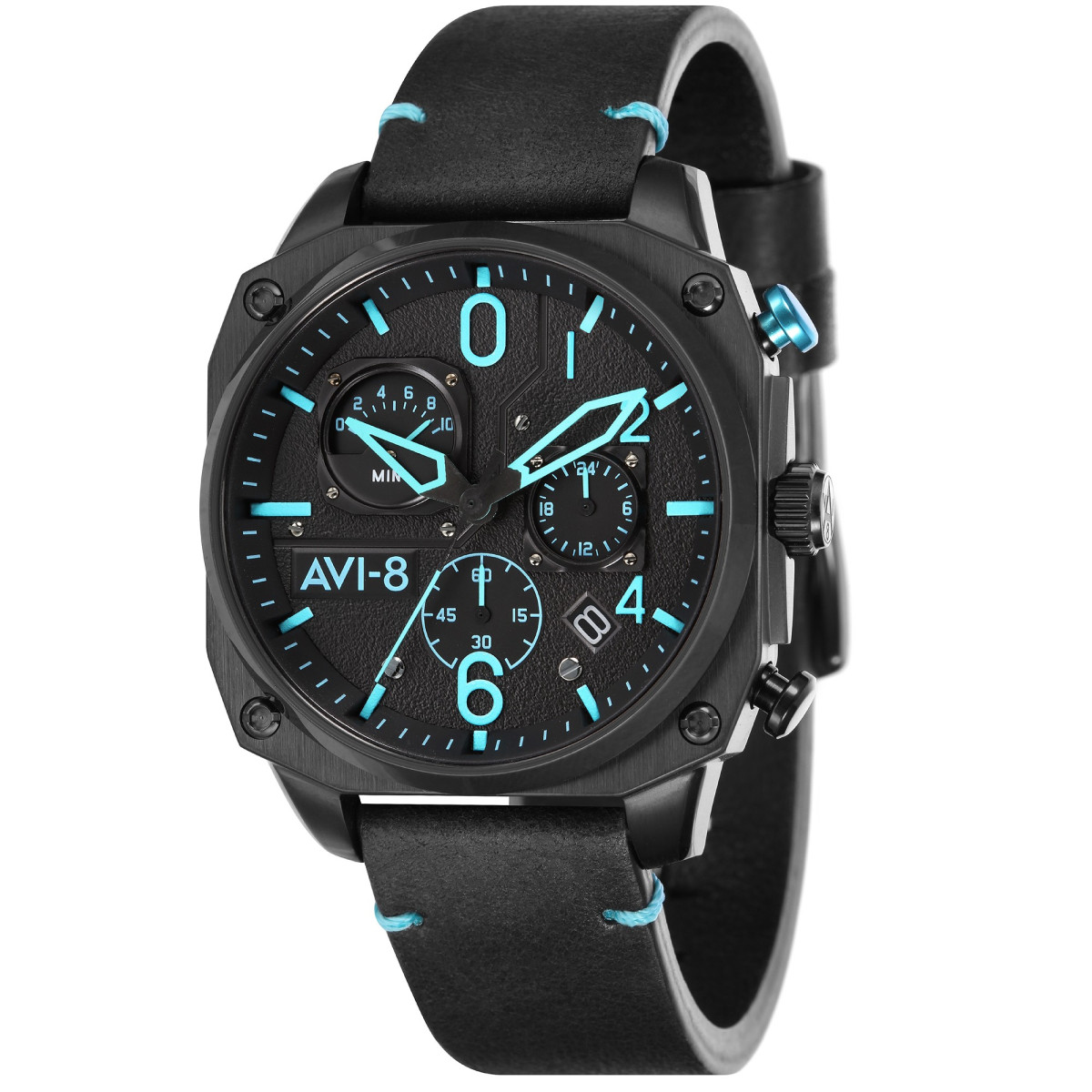 Montre Homme AVI-8 Hawker Hunter Aiguilles bleues luminescentes Bracelet noir en cuir véritable Montre AVI-8 HAWKER HUNTER Quartz Chronograph - AV-4052-05