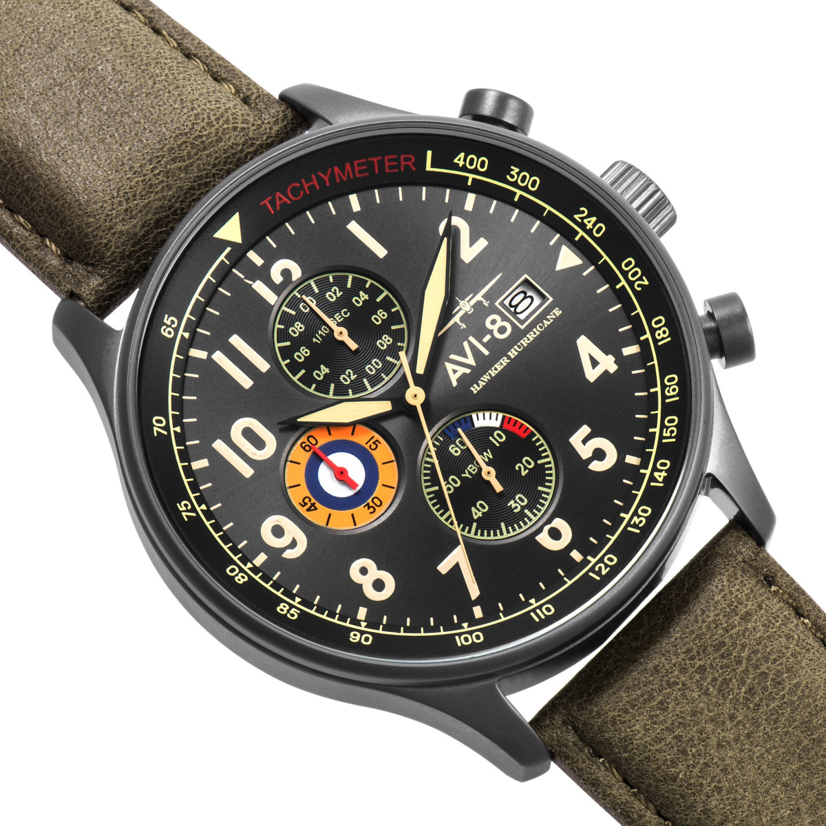Montre aviateur Cadran Gun Fond de boîte gravé Bracelet Kaki Montre AVI-8 HAWKER HURRICANE Quartz Chronograph - AV-4011-0E