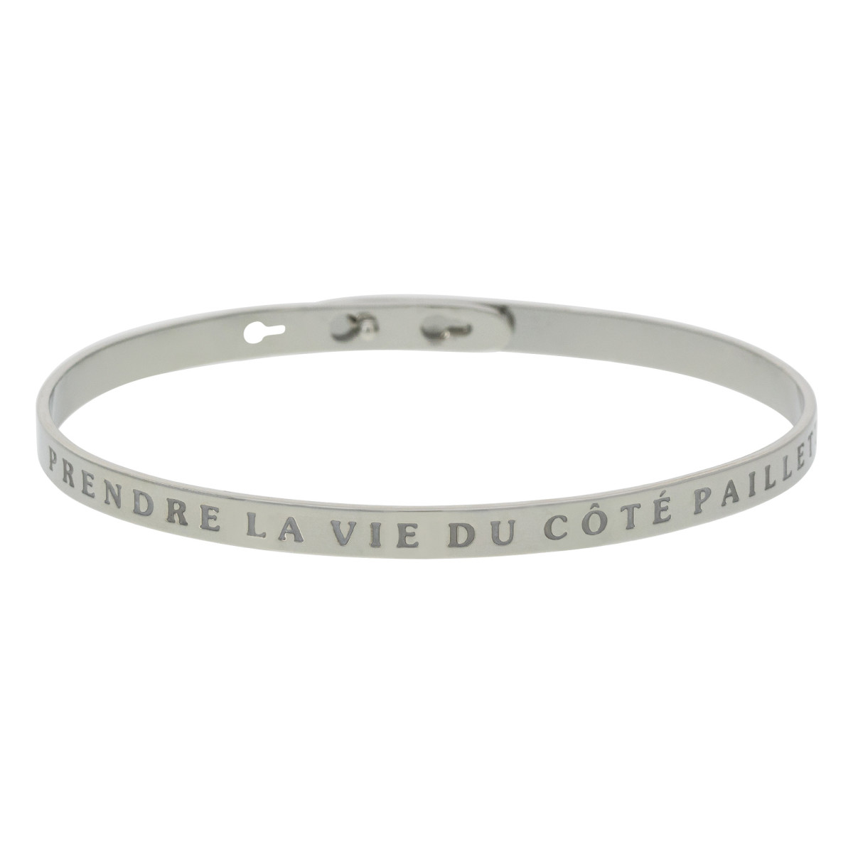 "PRENDRE LA VIE DU COTE PAILLETTE" bracelet jonc argenté à message