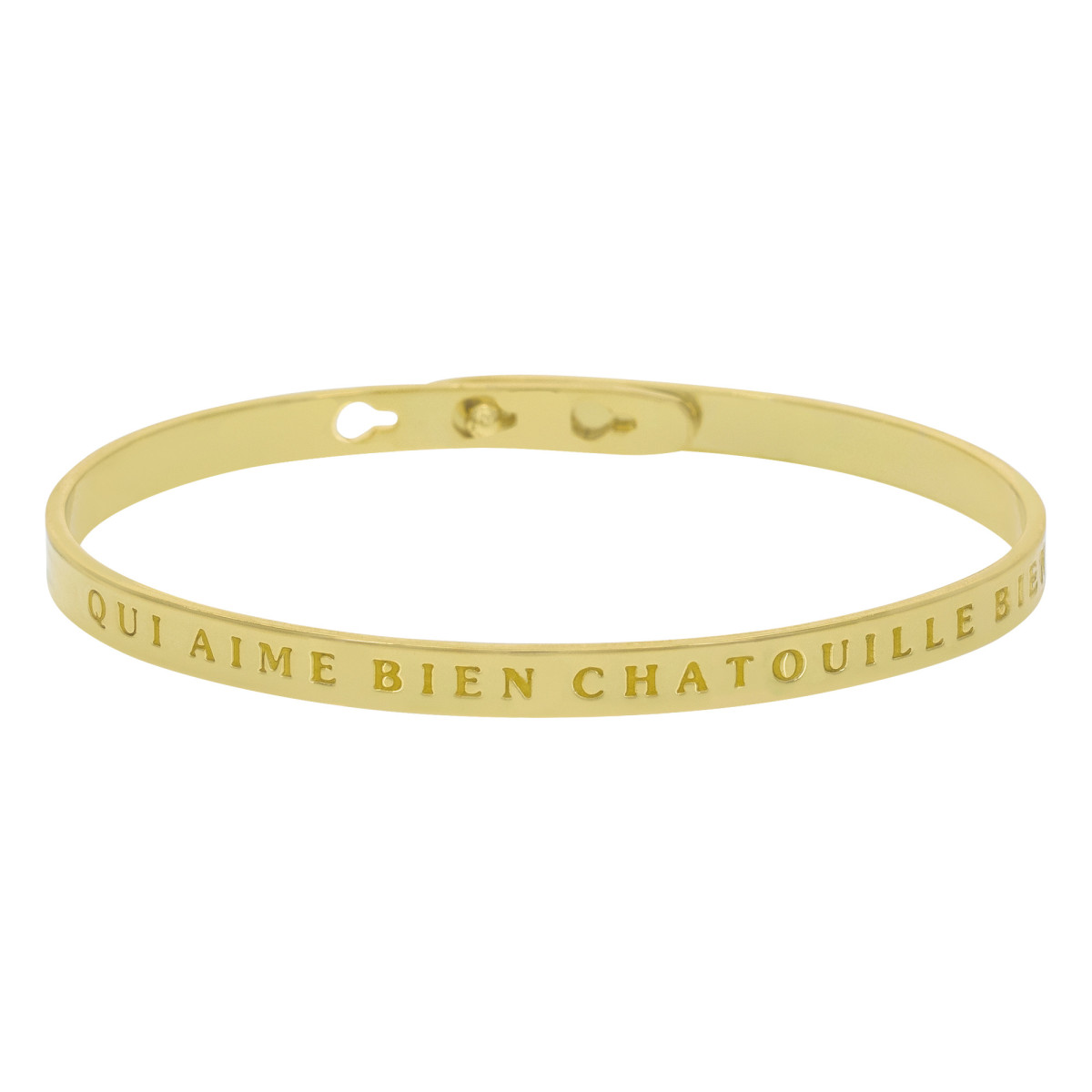 "QUI AIME BIEN CHATOUILLE BIEN" bracelet jonc doré à message