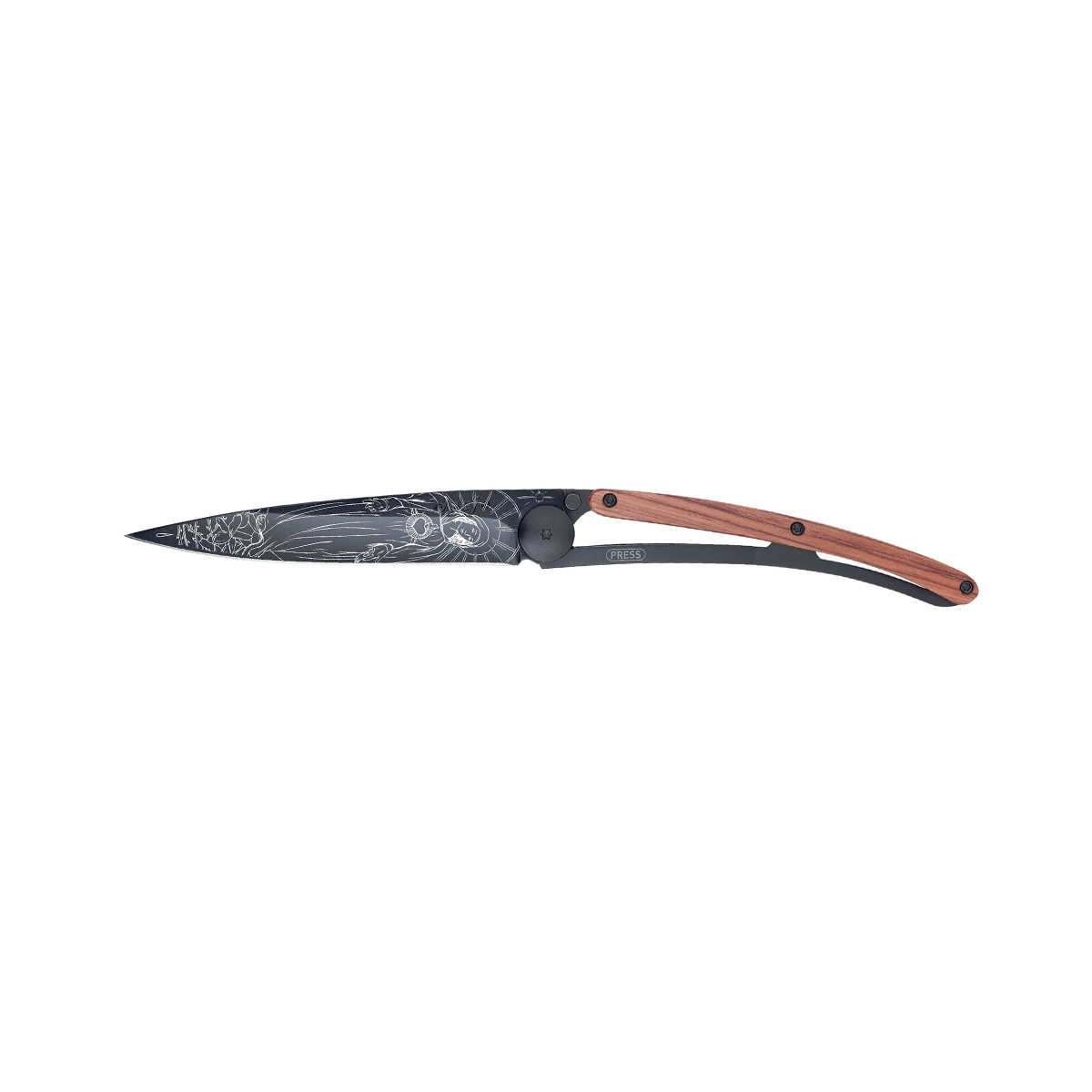COUTEAU DE POCHE DEEJO NOIR TATTOO MADONE MANCHE BOIS DE ROSE