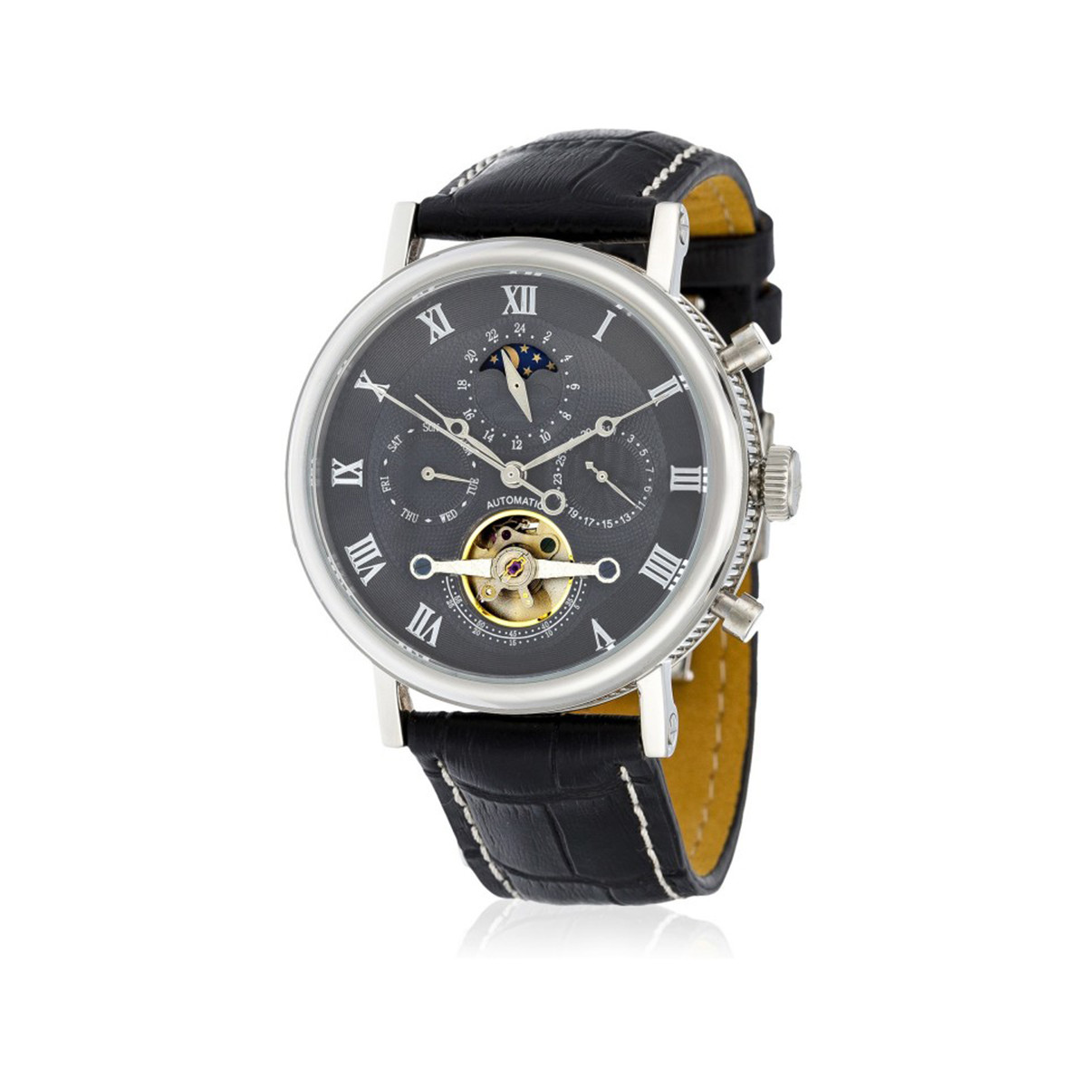 Louis Cottier - Montre Tradition Automatique Cadran Gris - Boîtier Acier 42 mm - Bracelet Cuir Noir - Homme Montre Louis Cottier TRADITION Automatique 42 mm Gris boitier argenté - bracelet noir - HS3370CgBC1