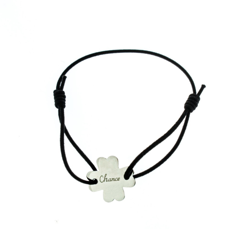 Bracelet à message "TREFLE CHANCE" argenté et cordon noir Bracelet à message "TREFLE CHANCE" argenté et cordon noir