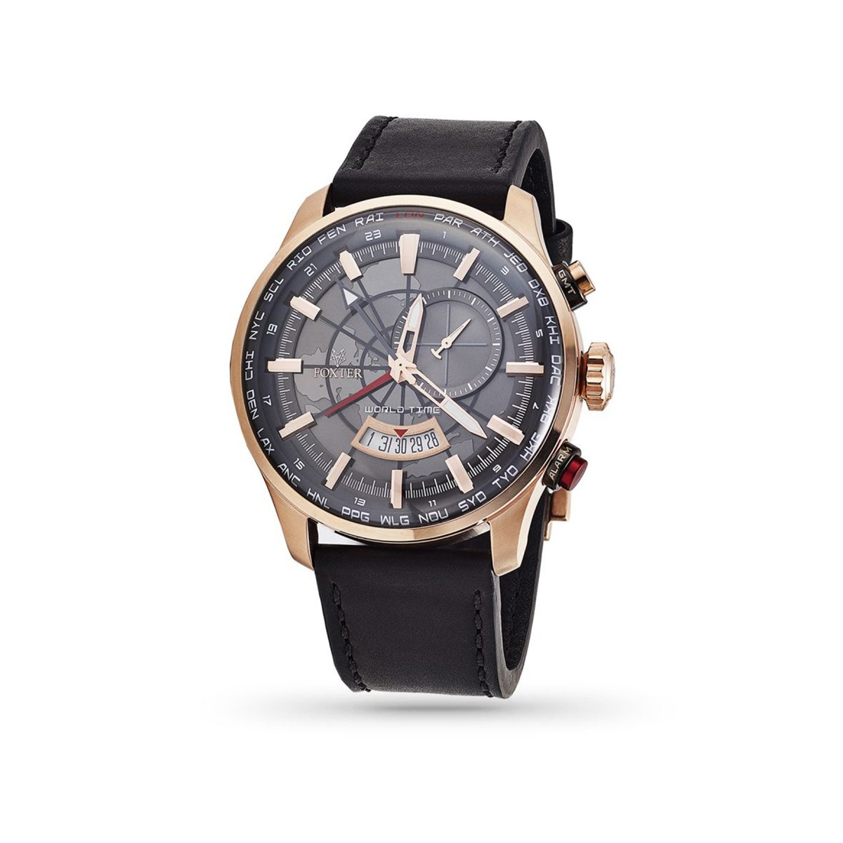 montre homme verre hésalite boîtier 46mm rond Montre Homme Foxter Avalone bracelet cuir noir, Boîtier Acier PVD Rose et fond gris - FR6043C1BC1