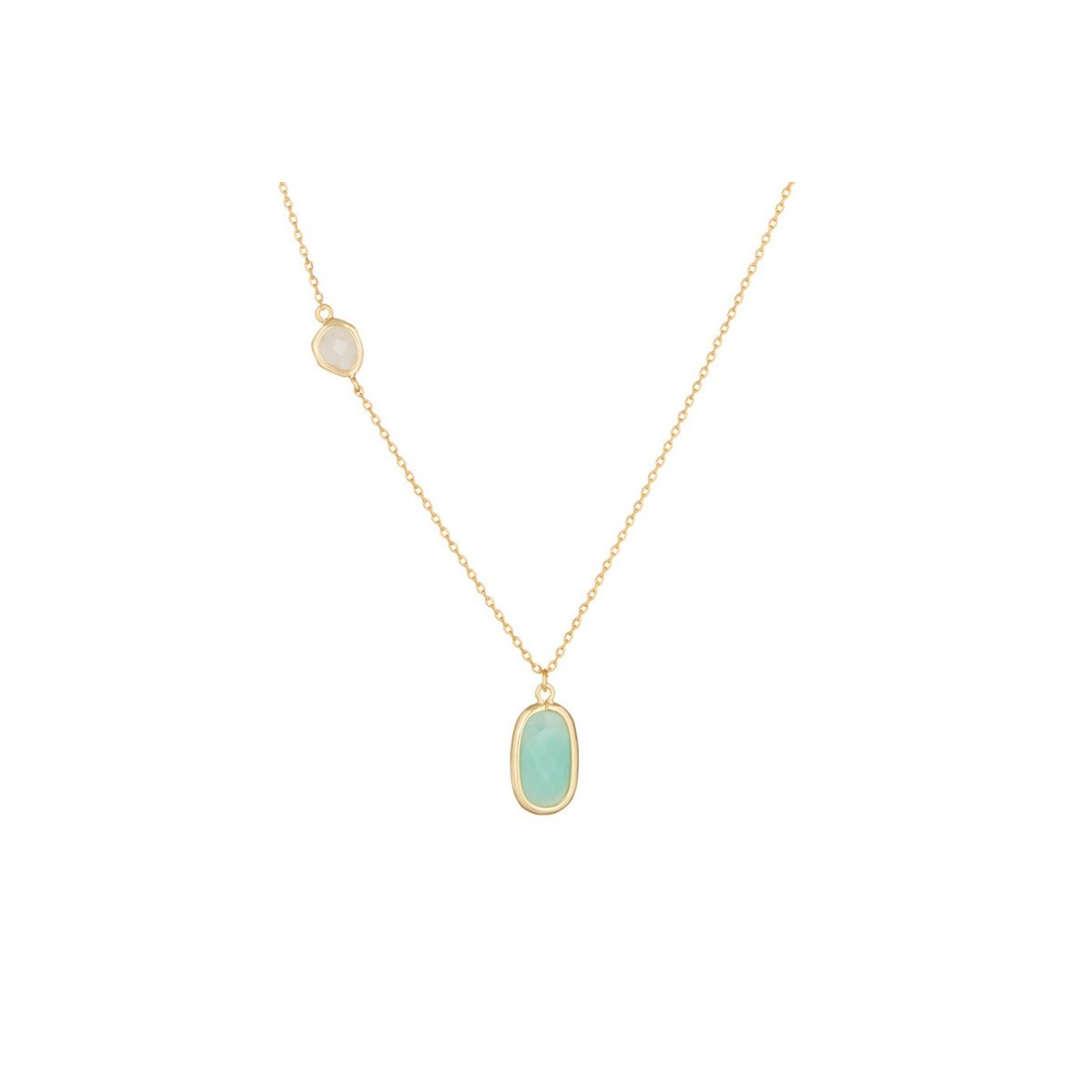 Collier laiton doré monté d'une amazonite, quartz verte " Inés " Collier "Orbital" Amazonite verte et Rose quartz Laiton doré