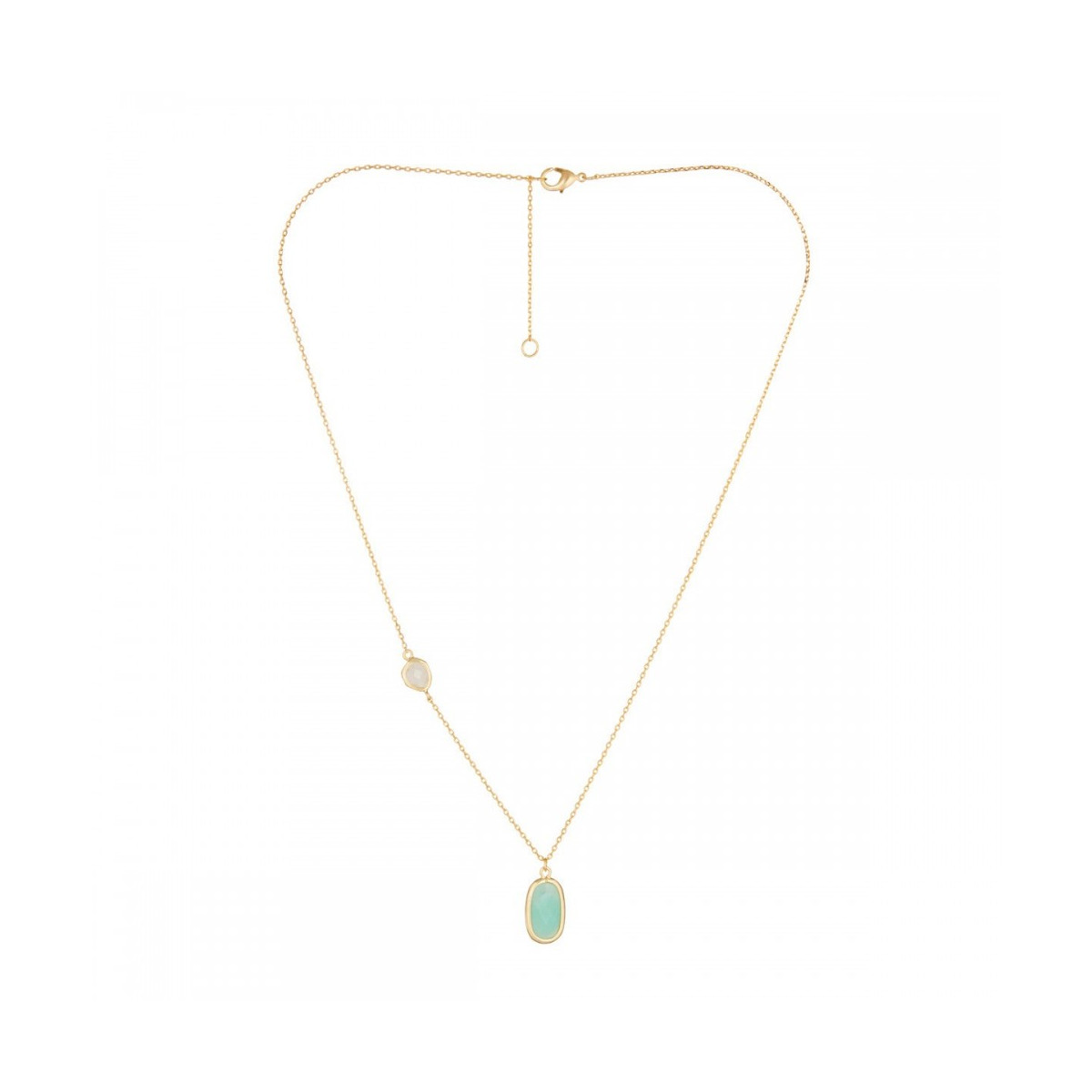 Collier laiton doré monté d'une amazonite, quartz verte " Inés " Collier "Orbital" Amazonite verte et Rose quartz Laiton doré
