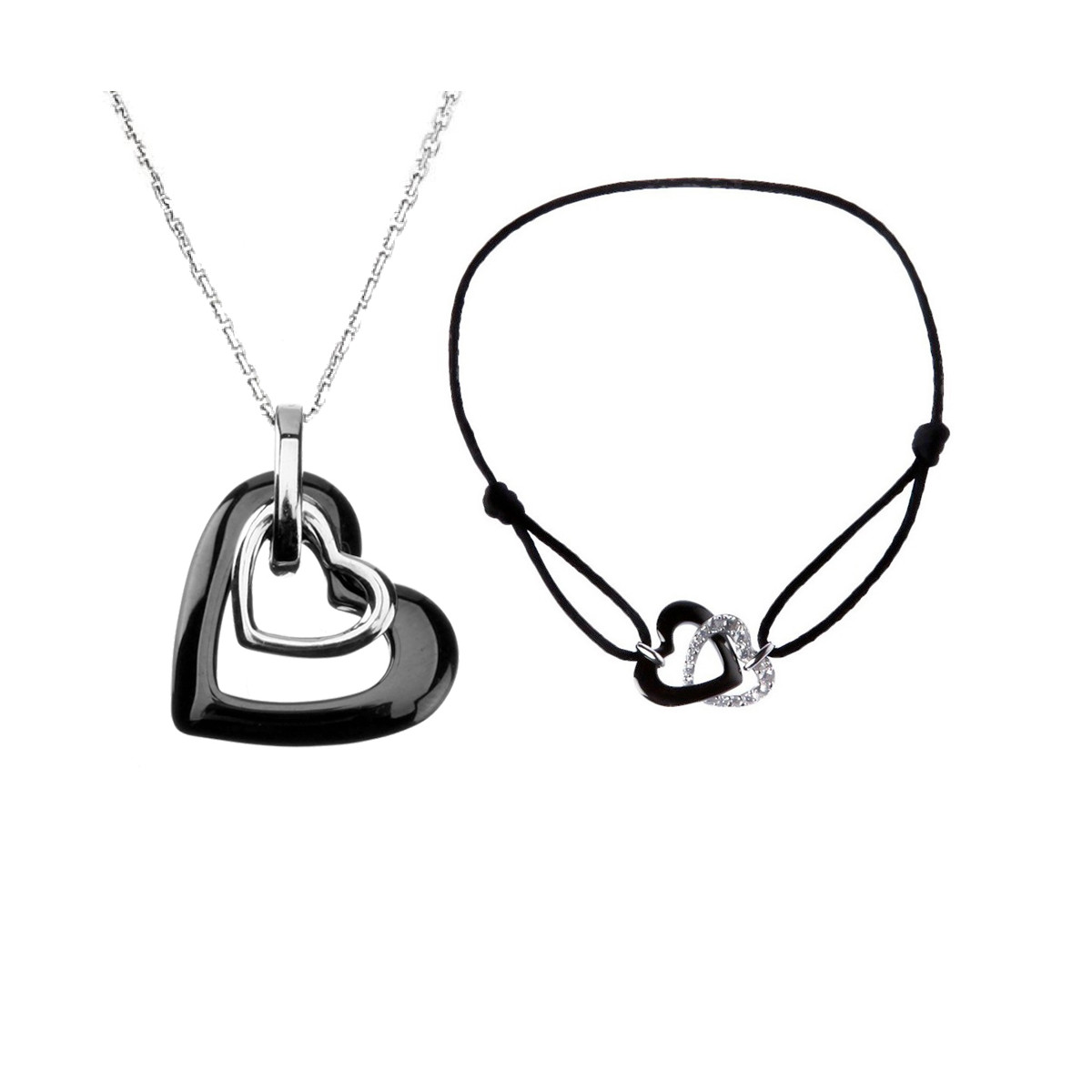 Parure Céramique "Double Coeur" Collier + Bracelet Parure céramique noire, argent "DOUBLE COEURS"