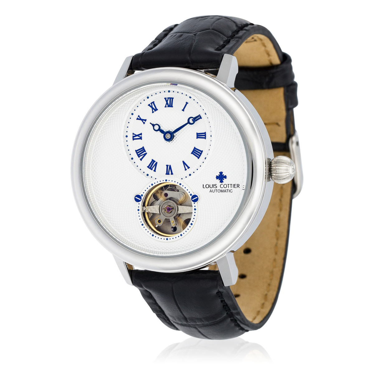 Louis Cottier - Montre STORYMATIC Automatique Bracelet Cuir - HB34330C2BC1 Montre Louis Cottier STORYMATIC Automatique 43 mm Blanc boitier argenté - bracelet noir - HB34330C2BC1
