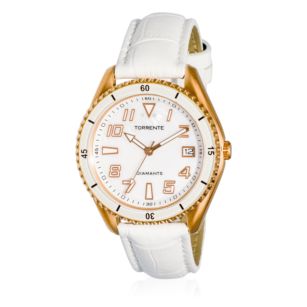 Torrente - Montre "Fortuna" Cadran Blanc - Boîtier Acier plaqué Or Rose - Bracelet Cuir Blanc - Diamants 0.01 carats Femme Torrente - Montre "Fortuna" Cadran Blanc - Boîtier Acier plaqué Or Rose - Bracelet Cuir Blanc - Diamants 0.01 carats Femme