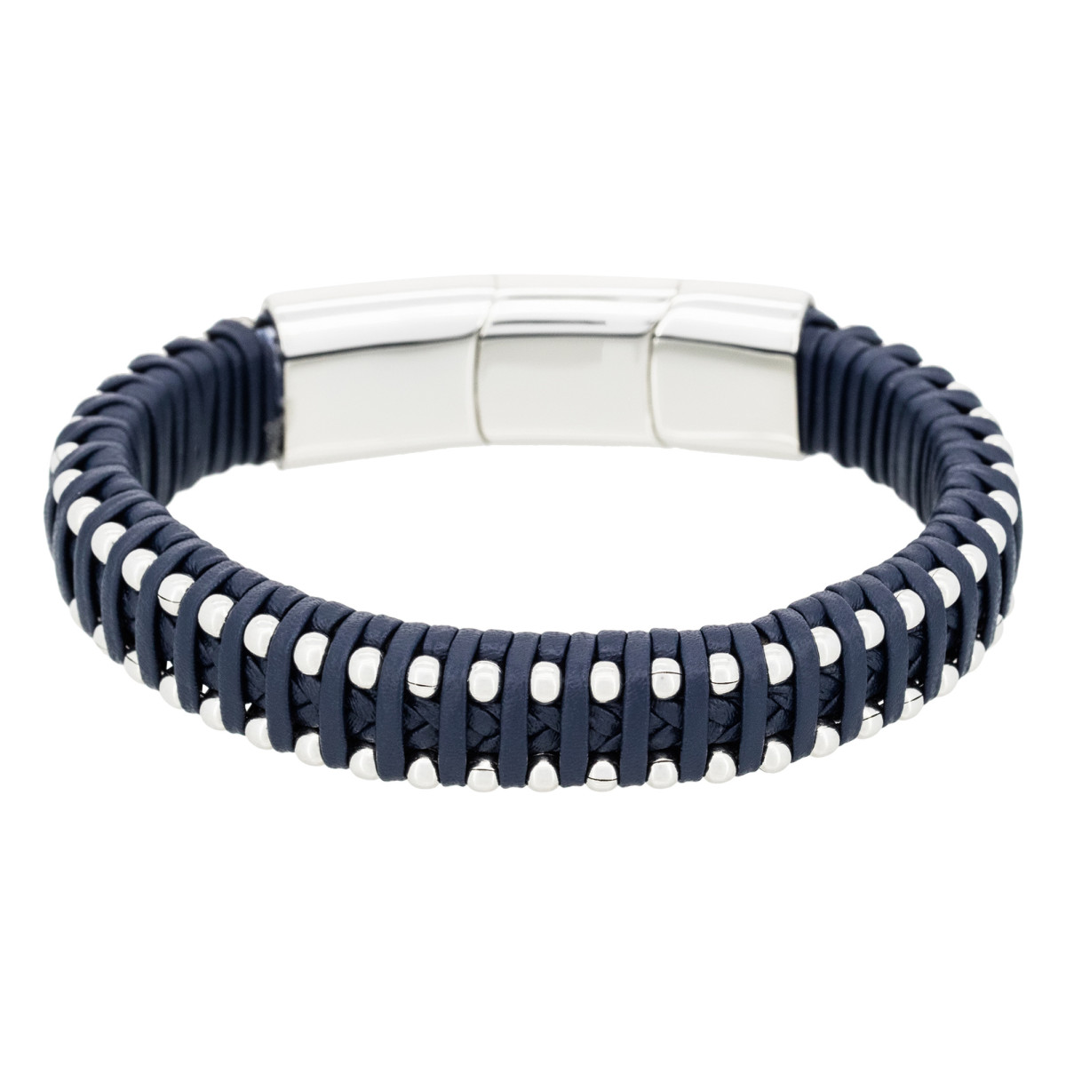 Bracelet Homme acier et cuir bleu marine "OLIVER"