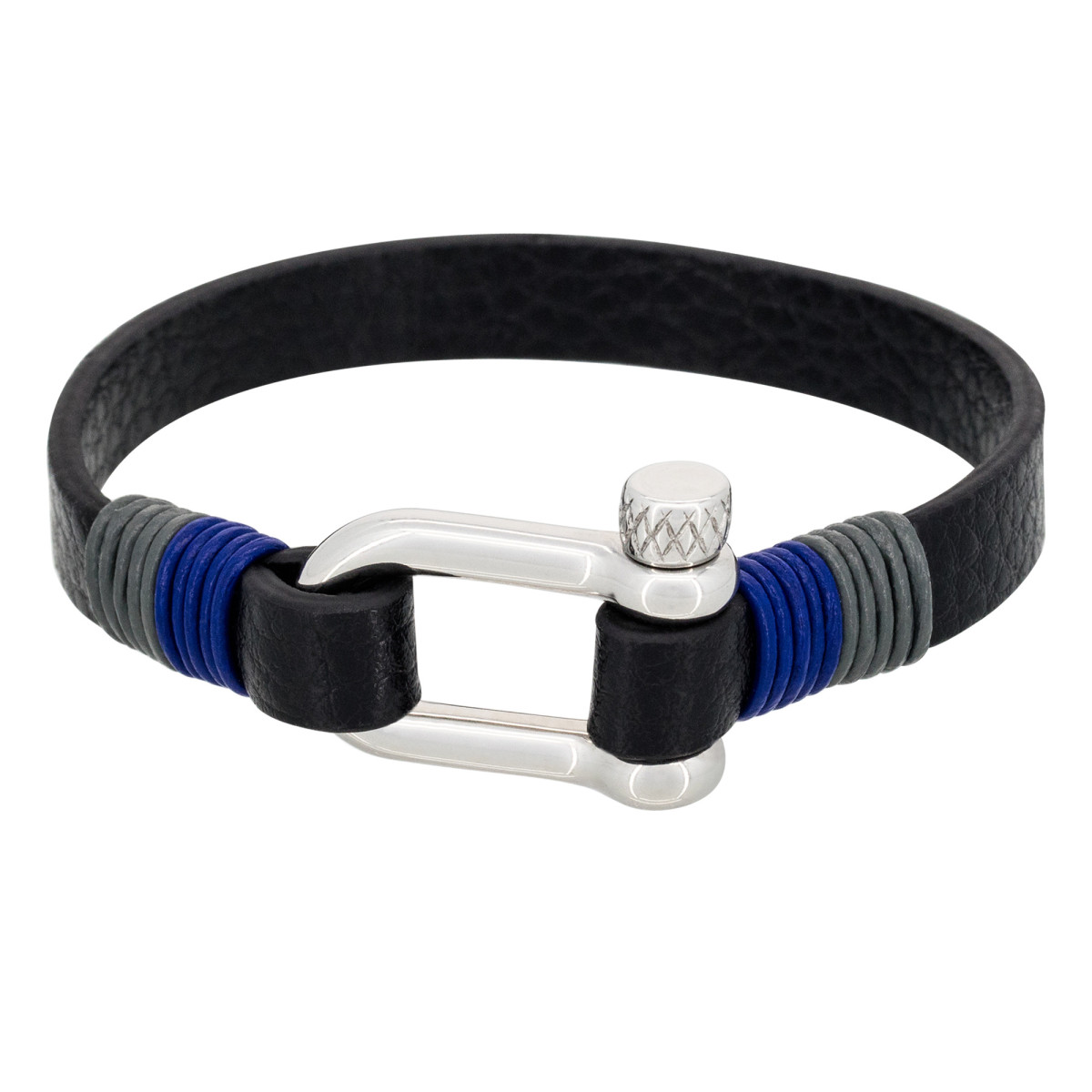 Bracelet Homme acier et cuir noir "DARK BLUE"