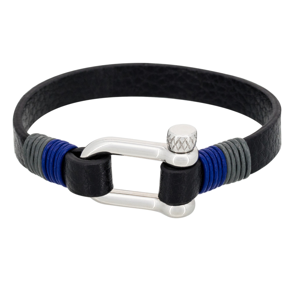 Bracelet Homme acier et cuir noir "DARK BLUE " Bracelet Homme acier et cuir noir "DARK BLUE"