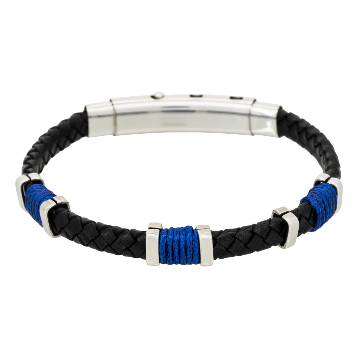 Bracelet Homme acier, cuir noir et corde bleu "BLACK EYES"