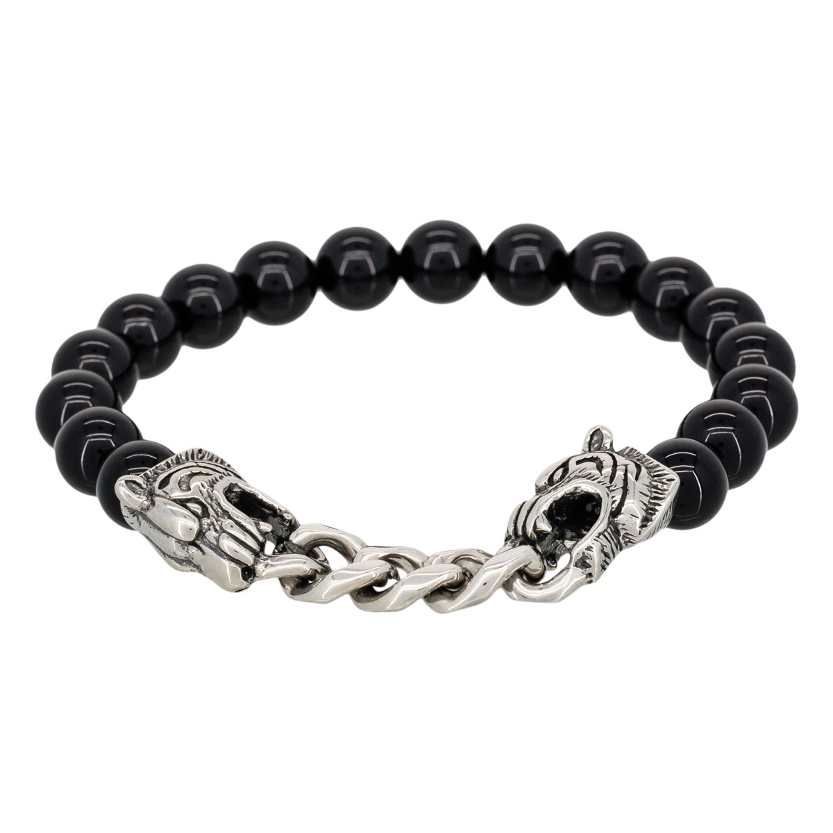 Bracelet Homme élastiqué acier et onyx noir "TIGER " Bracelet Homme à perles onyx noires et chaine en acier "Altior" Taille L