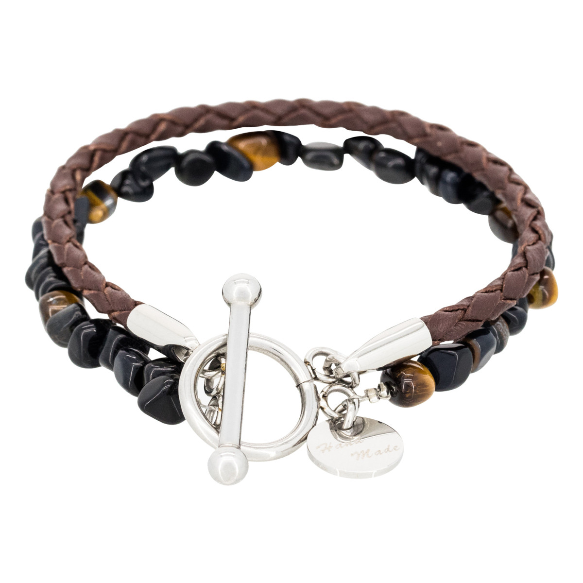 Bracelet Homme double tour cuir oeils de tigre marron "BLUE TIGER EYE" Bracelet Homme double cordon pierres oeil de tigre et cuir "Geyron" Taille S
