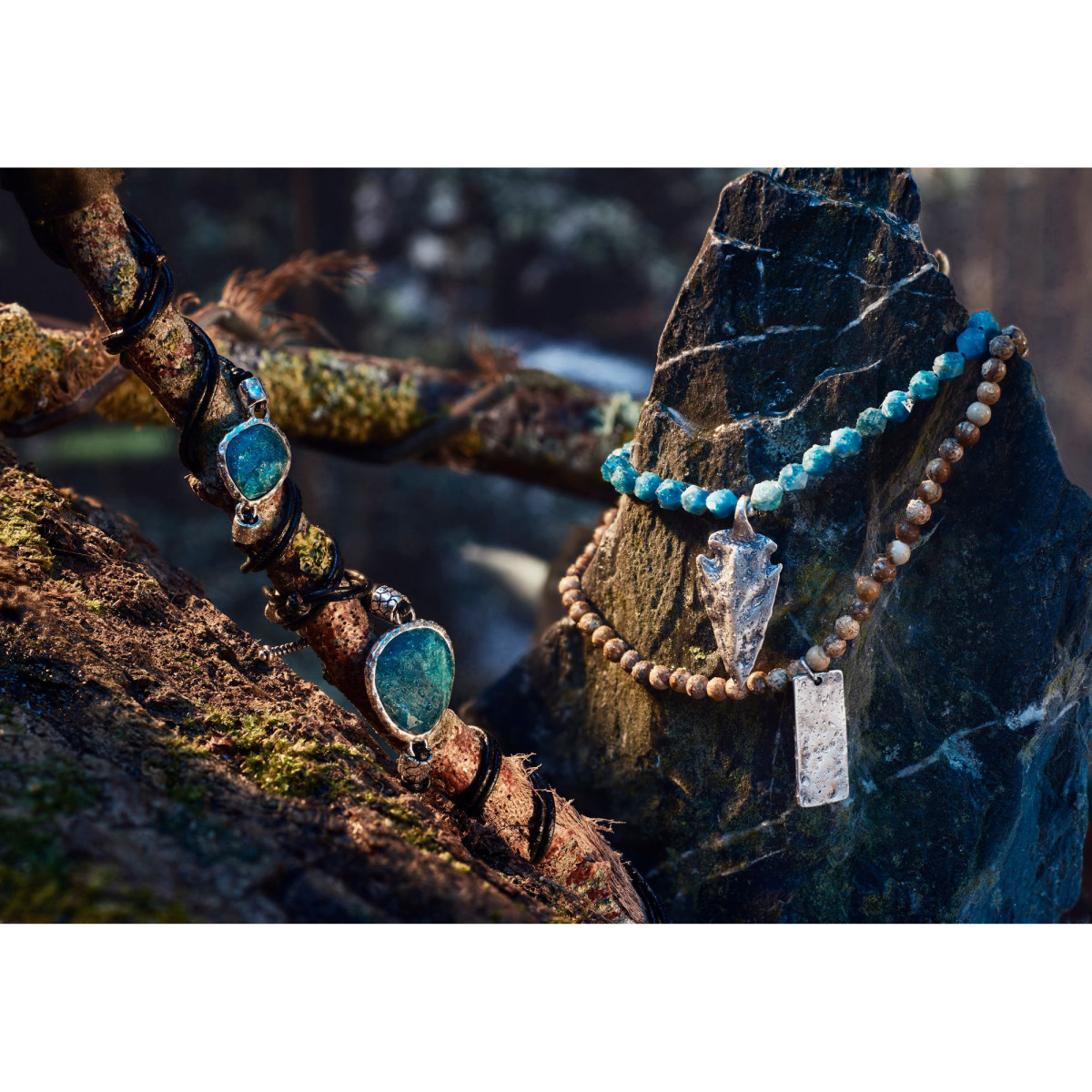 Bracelet Homme ajustable pierres noir et vert d'eau "MACARELLETA"