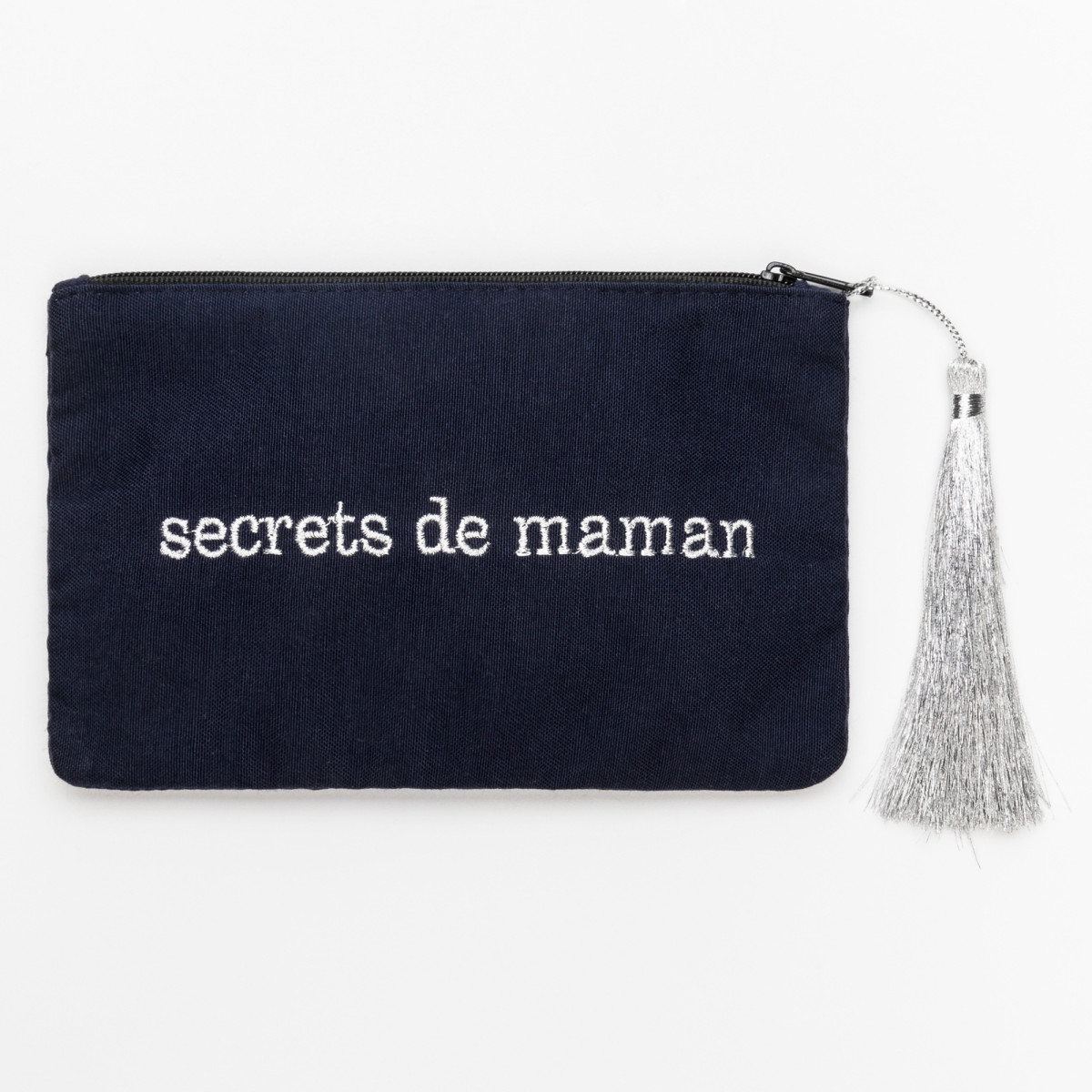 Petite pochette à message bleue marine brodée SECRETS DE MAMAN argenté