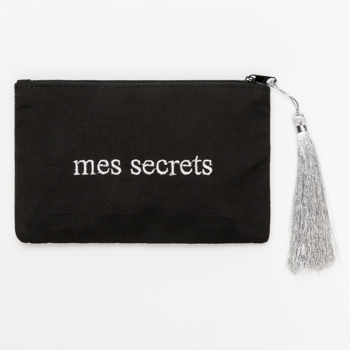 Petite pochette à message noire MES SECRETS argentée Petite pochette à message noire brodée MES SECRETS argentée