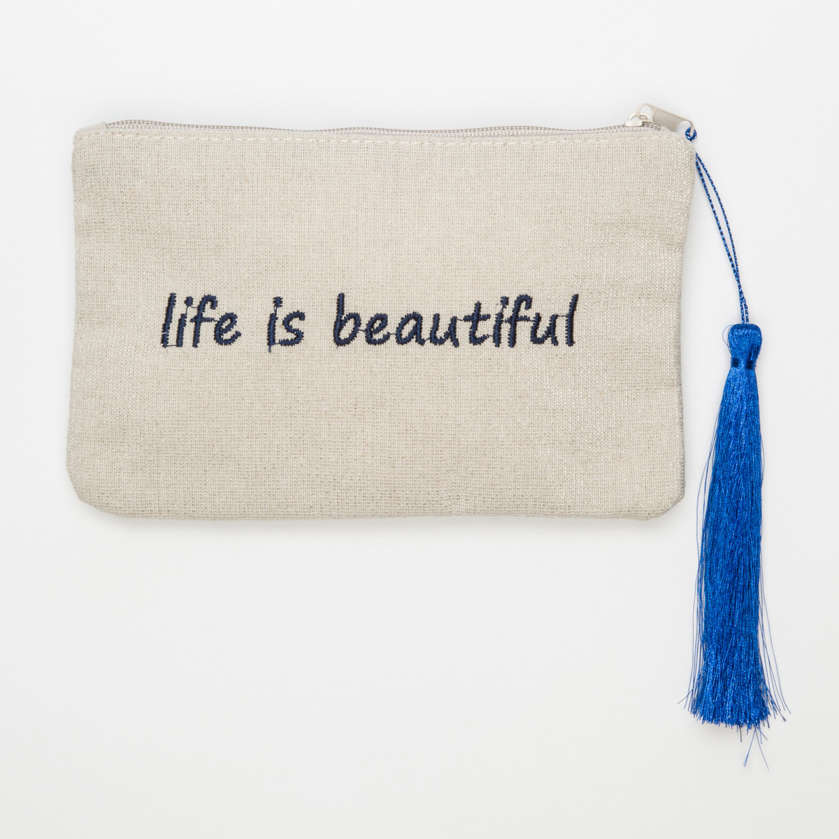 Petite pochette à message beige LIFE IS BEAUTIFUL bleue marine Petite pochette à message beige LIFE IS BEAUTIFUL bleue marine