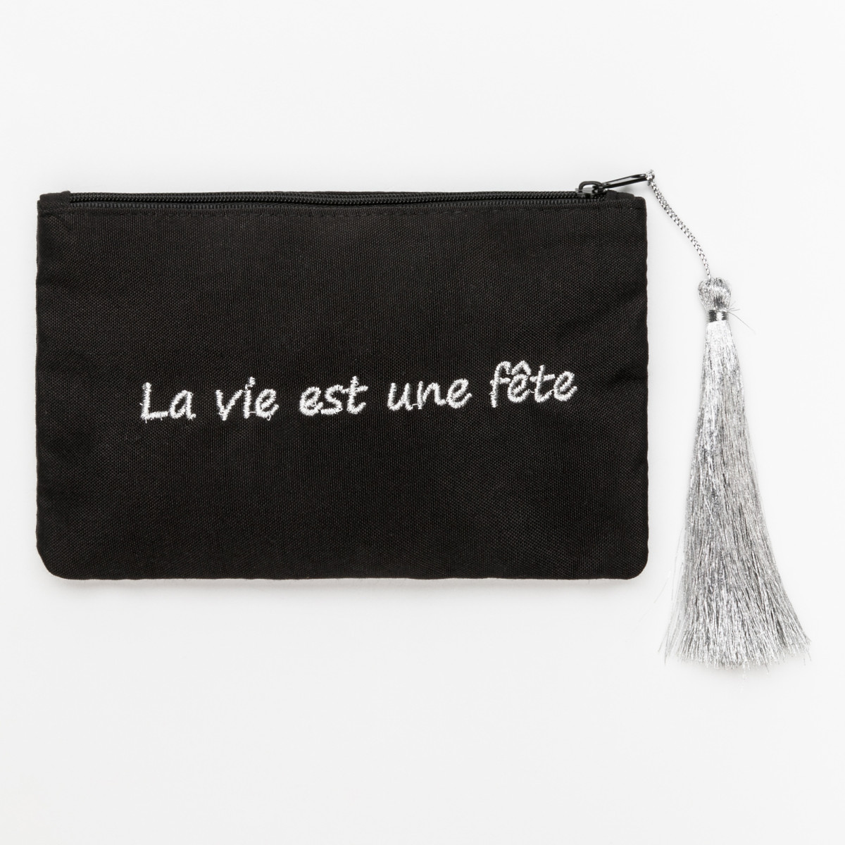 Petite pochette à message noire LA VIE EST UNE FETE argenté Petite pochette à message noire brodée LA VIE EST UNE FETE argenté