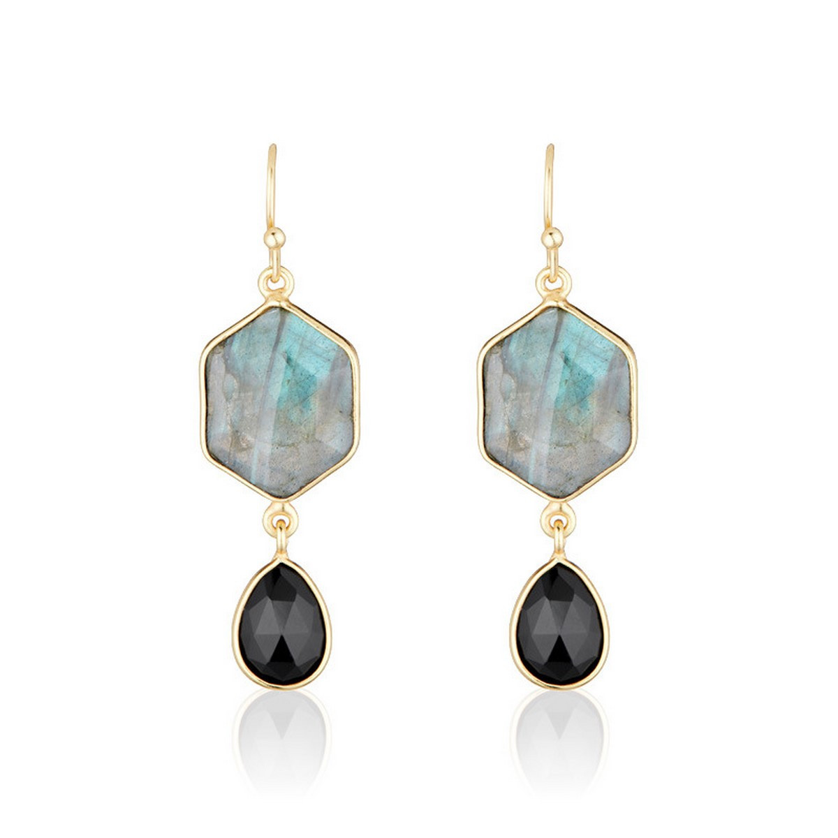 Boucles d'oreilles "Temporalys" Labradorite et Onyx noire Laiton doré