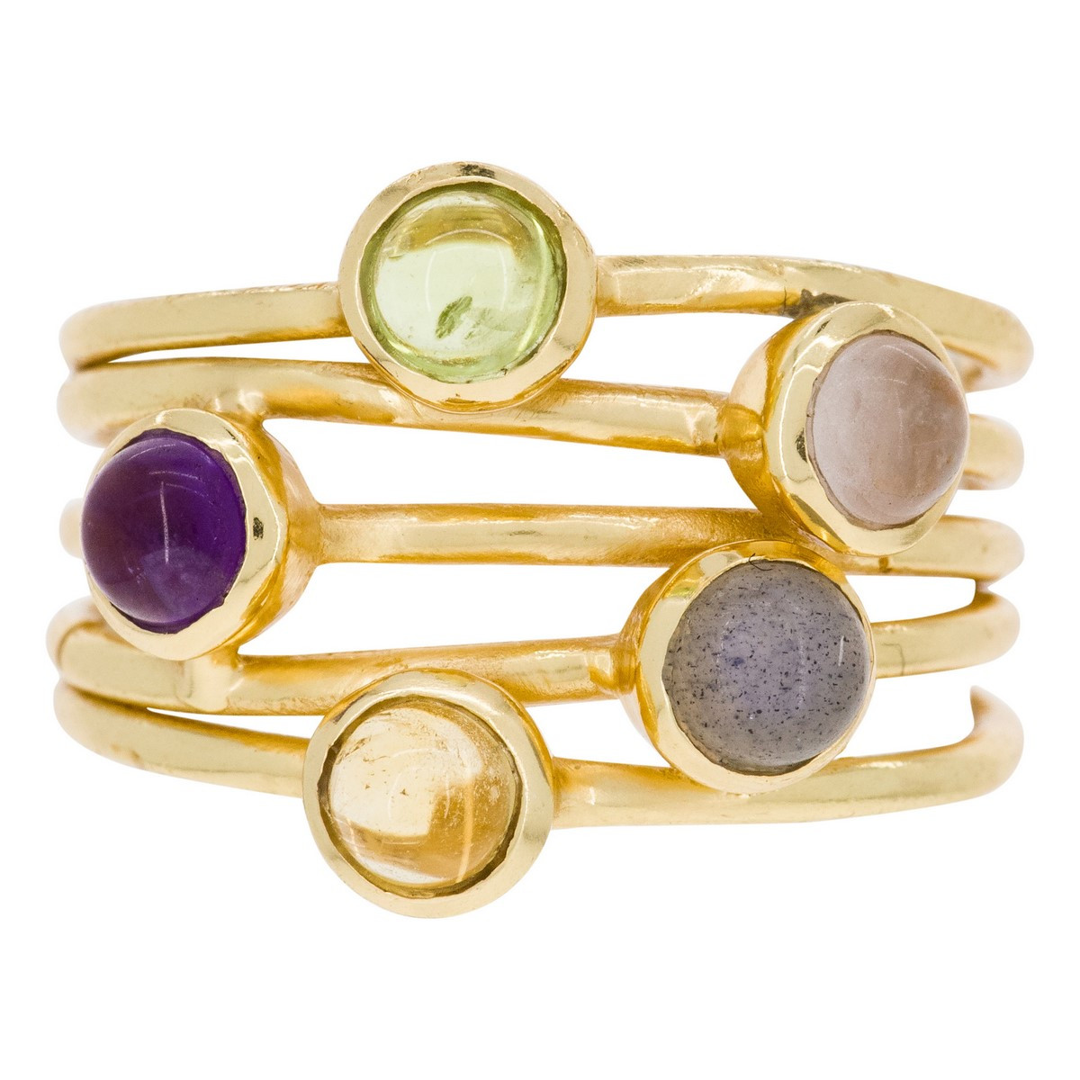 Bague "Fractal" Péridot, Labradorite, Citrine, Quartz rose, Améthyste Laiton doré