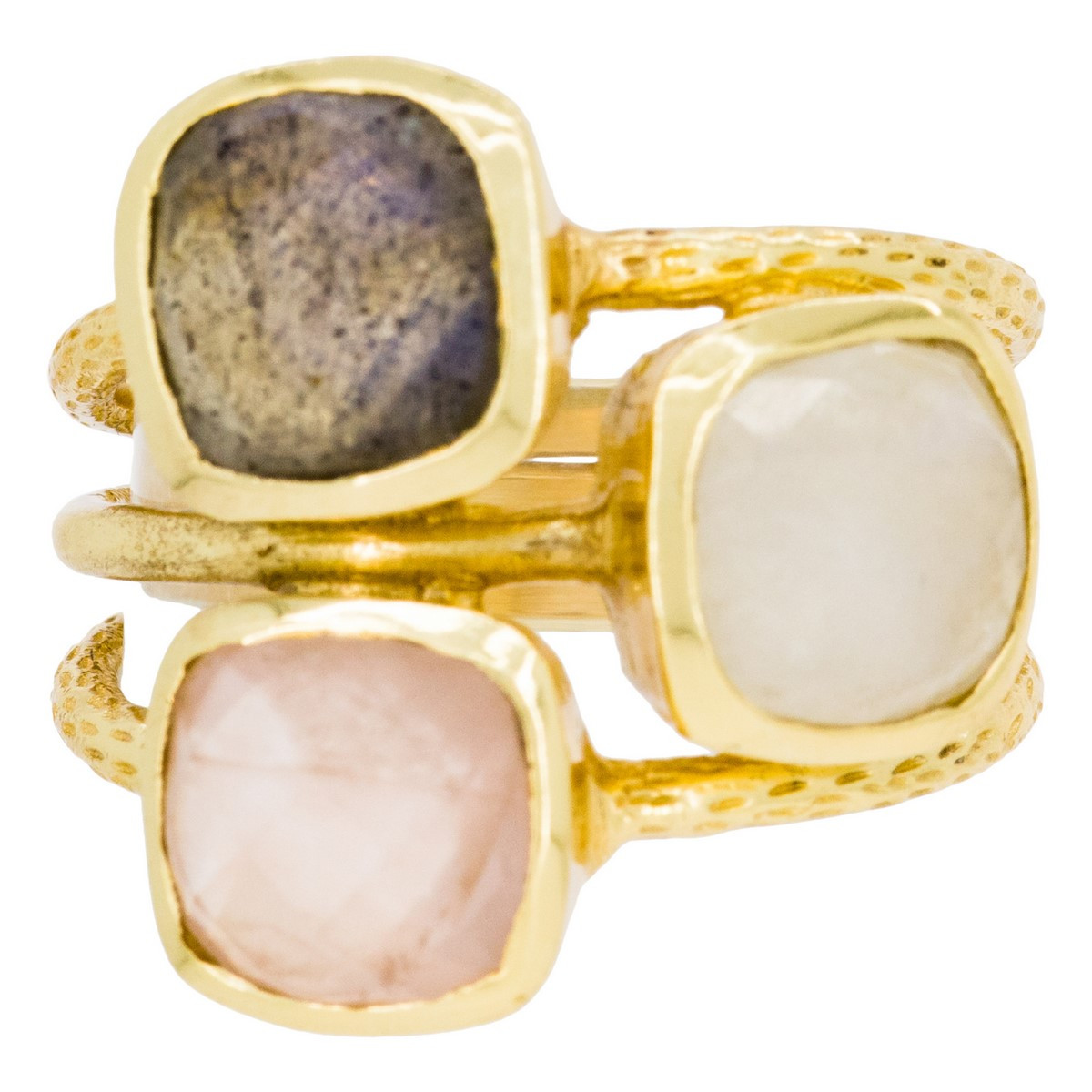 Bague "Elsa" Quartz rose Bague "Cyclique" Quartz rose, Pierre de lune et labradorite Laiton doré