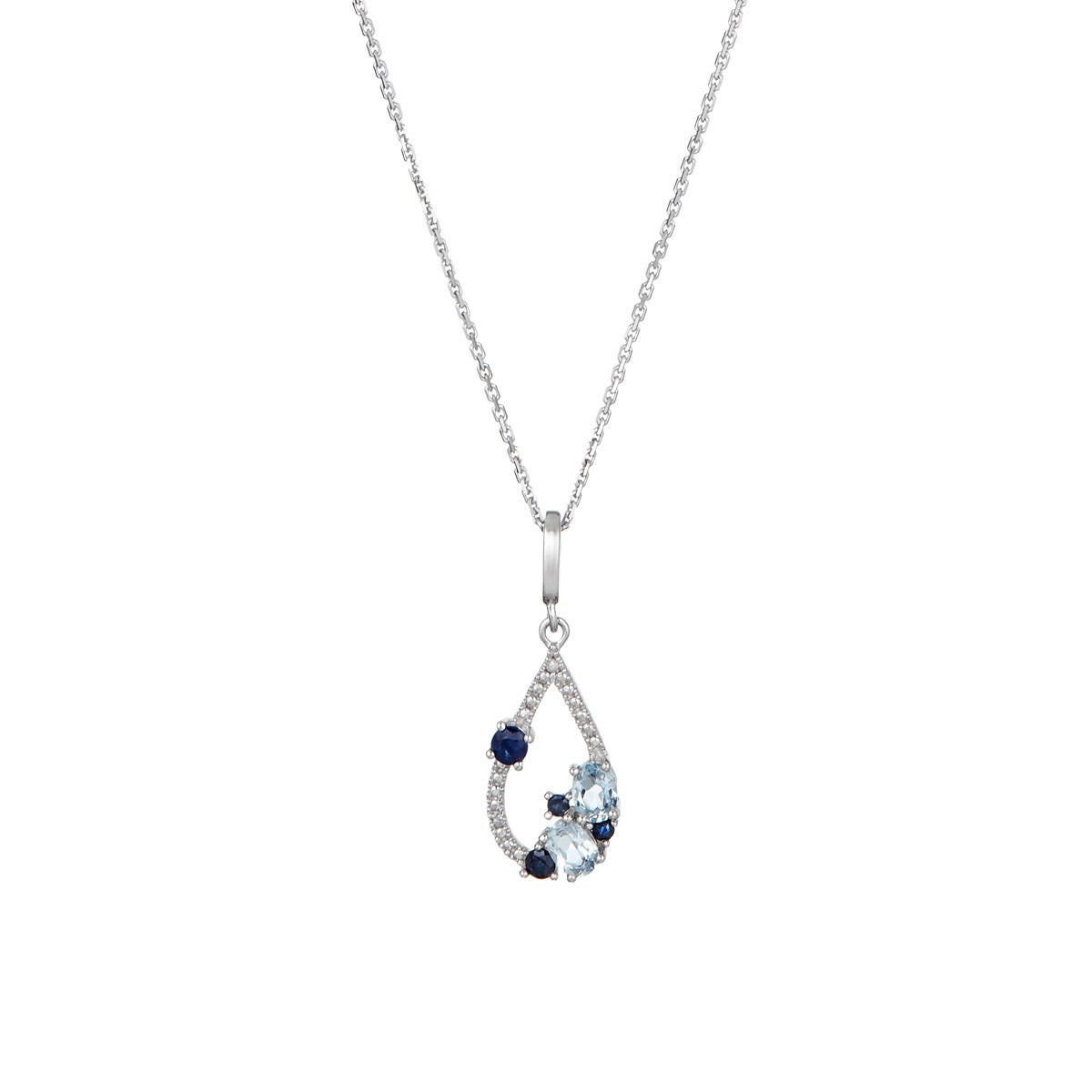Pendentif Or Blanc ''SAPHIR ELIXIR'' D0,01/2 & Topaze Bleue 0,48/2 & Saphir 0,25/4 Pendentif "Dorine" Or blanc et Multipierres