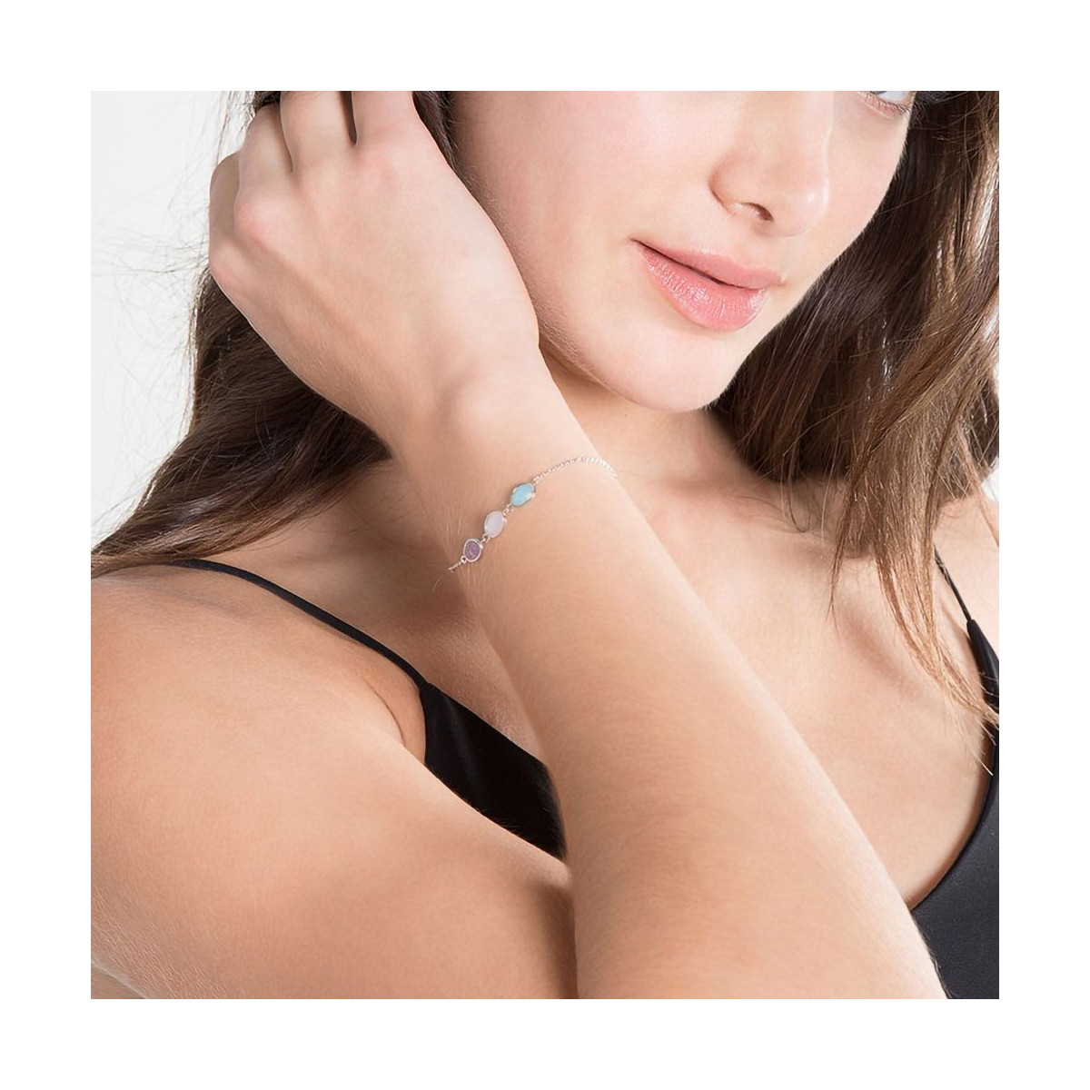 Bracelet "Vélaé" Améthyste, Quartz rose et Amazonite Laiton