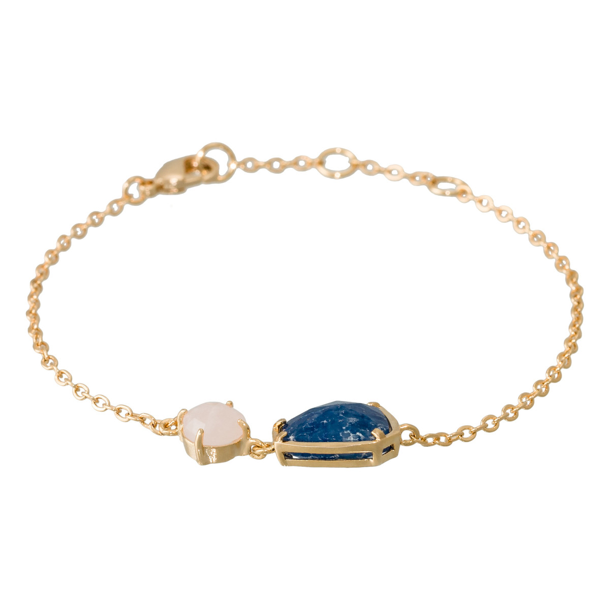 Bracelet chaine "JULIANA" laiton doré monté d'une aventurine bleue et d'un quartz